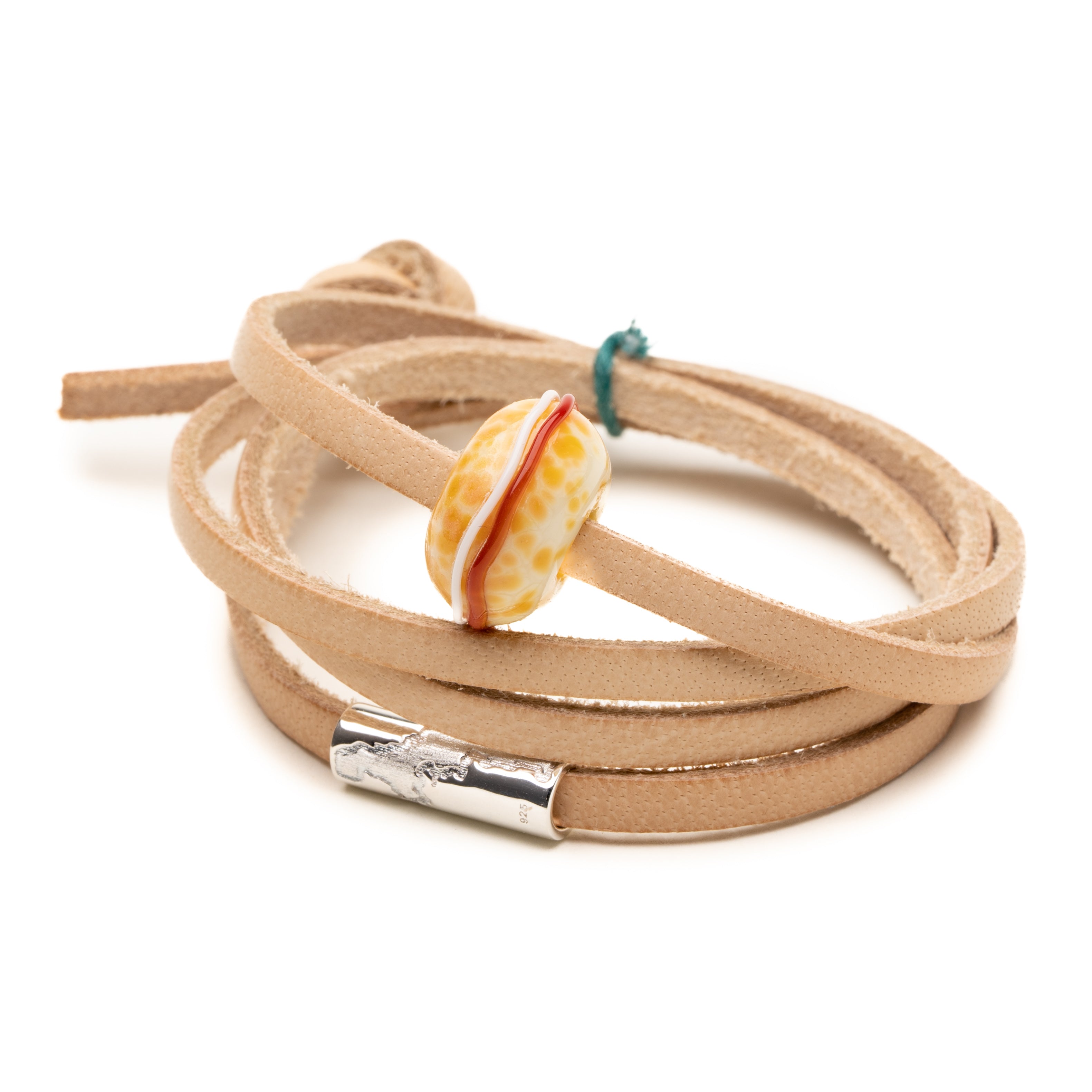Cream tea scone glass bead on sand leather bracelet with silver Cornish bead.