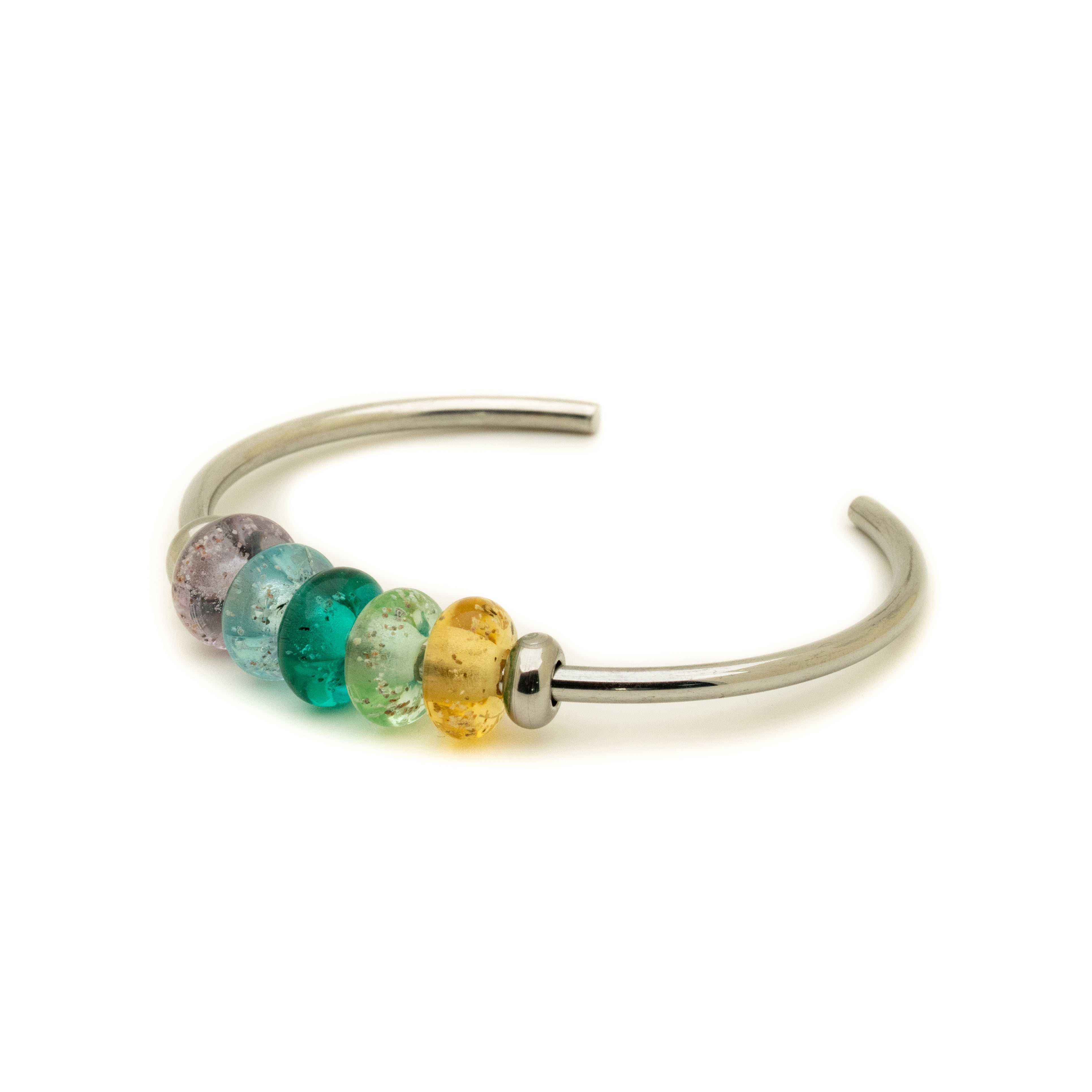 Colourful glass bead on silver bracelet.