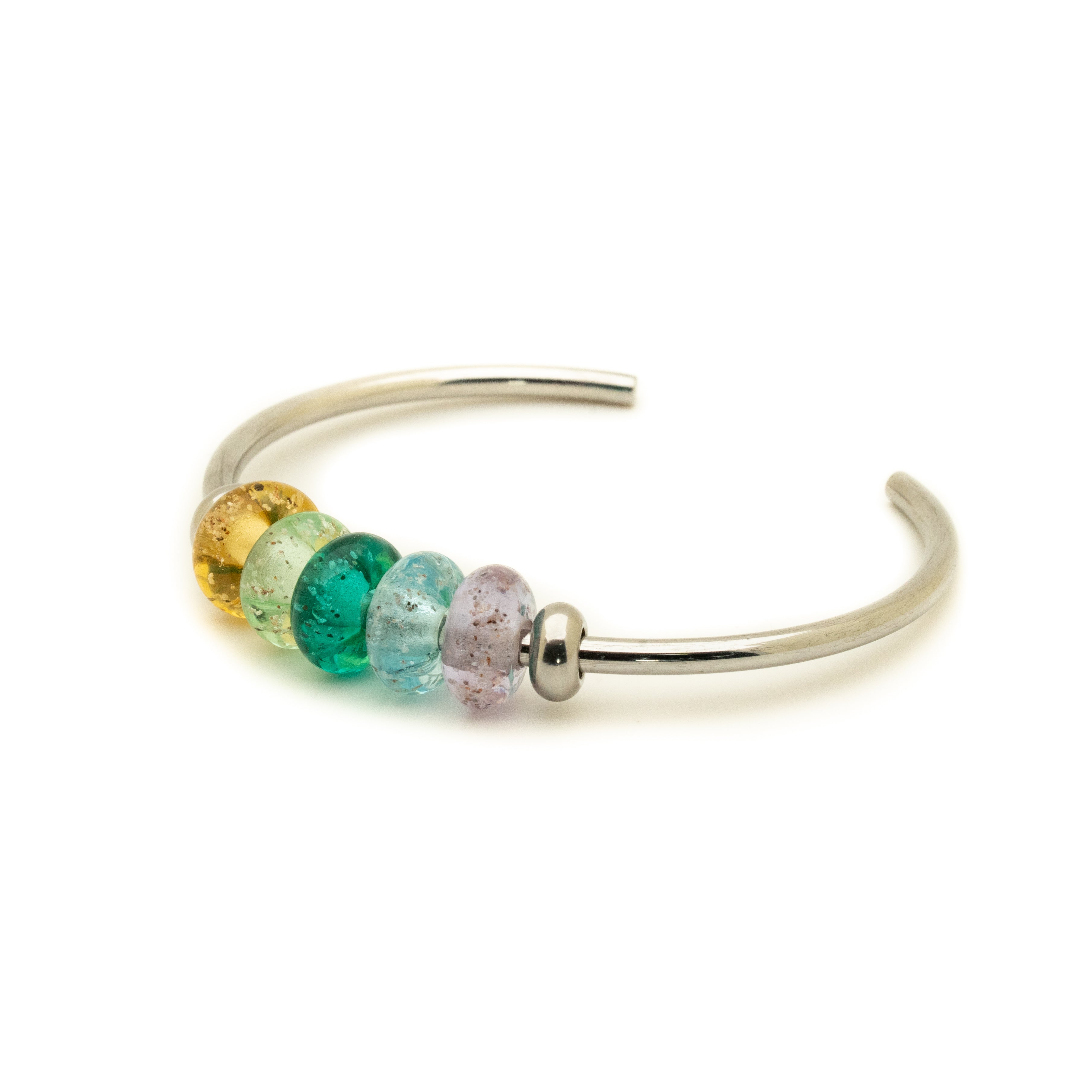 Colourful glass bead on silver steel bangle.