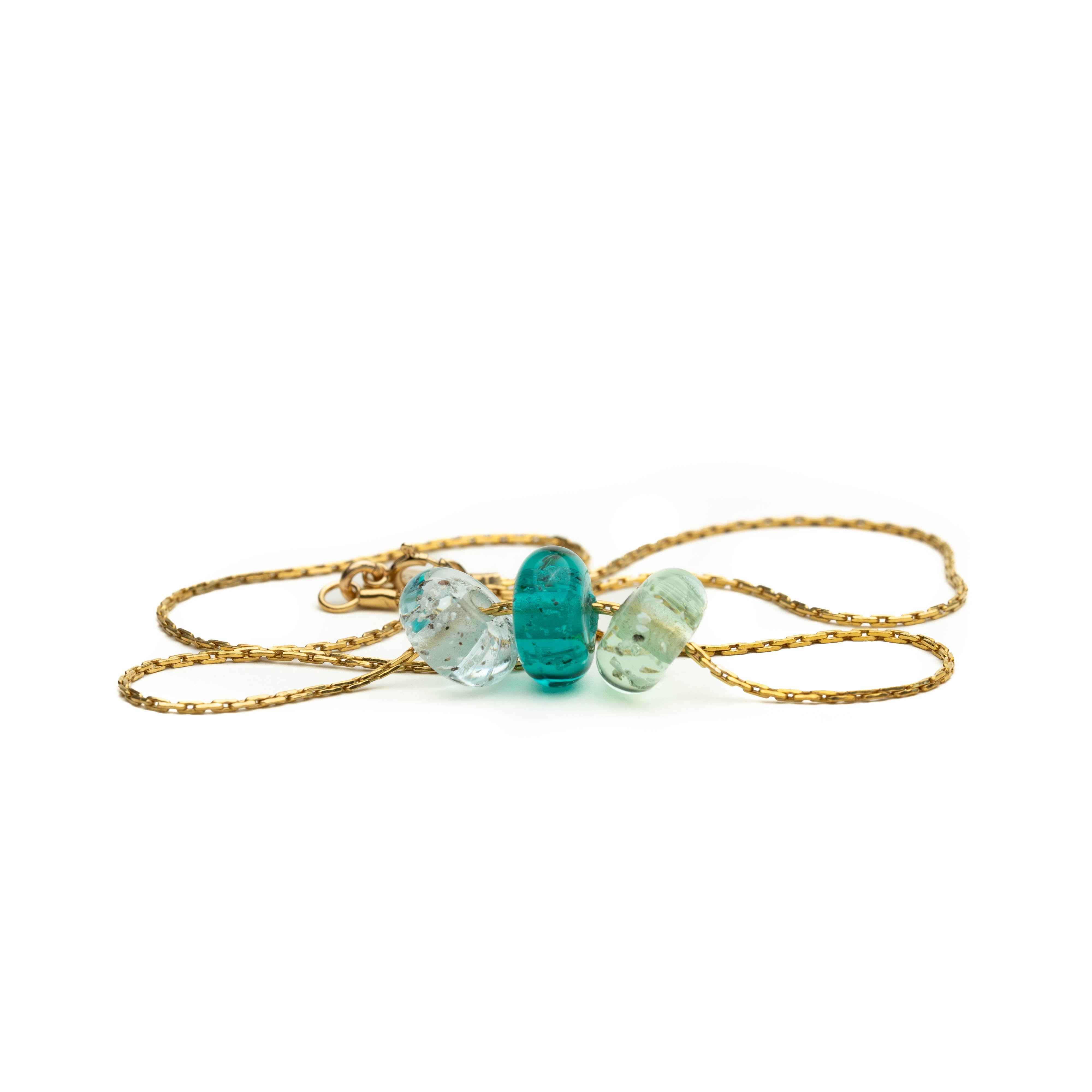 Memorial Glass Drop Beads on Gold Fine Chain Necklace in Green.