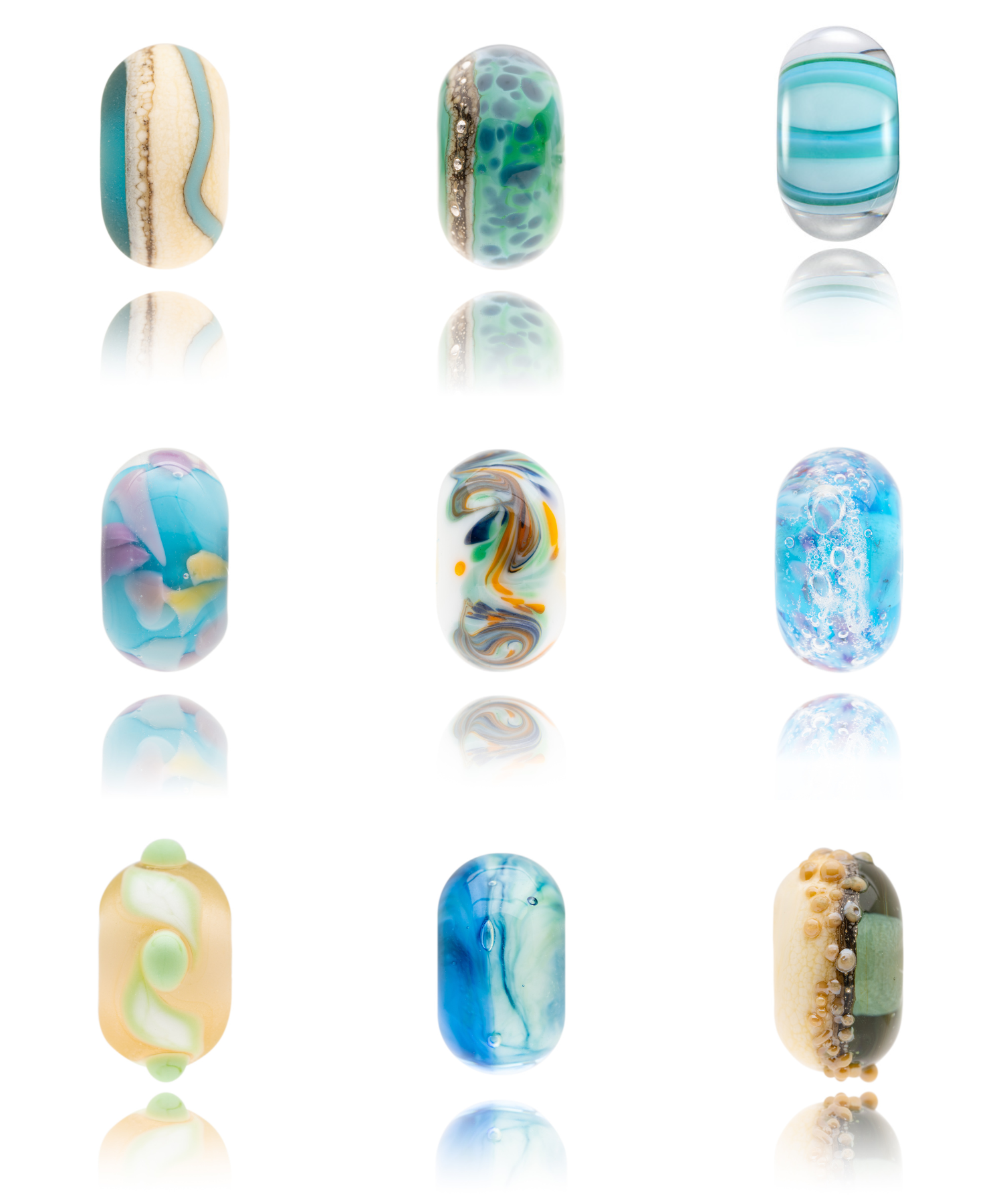 Collection of colorful glass beads on a white background