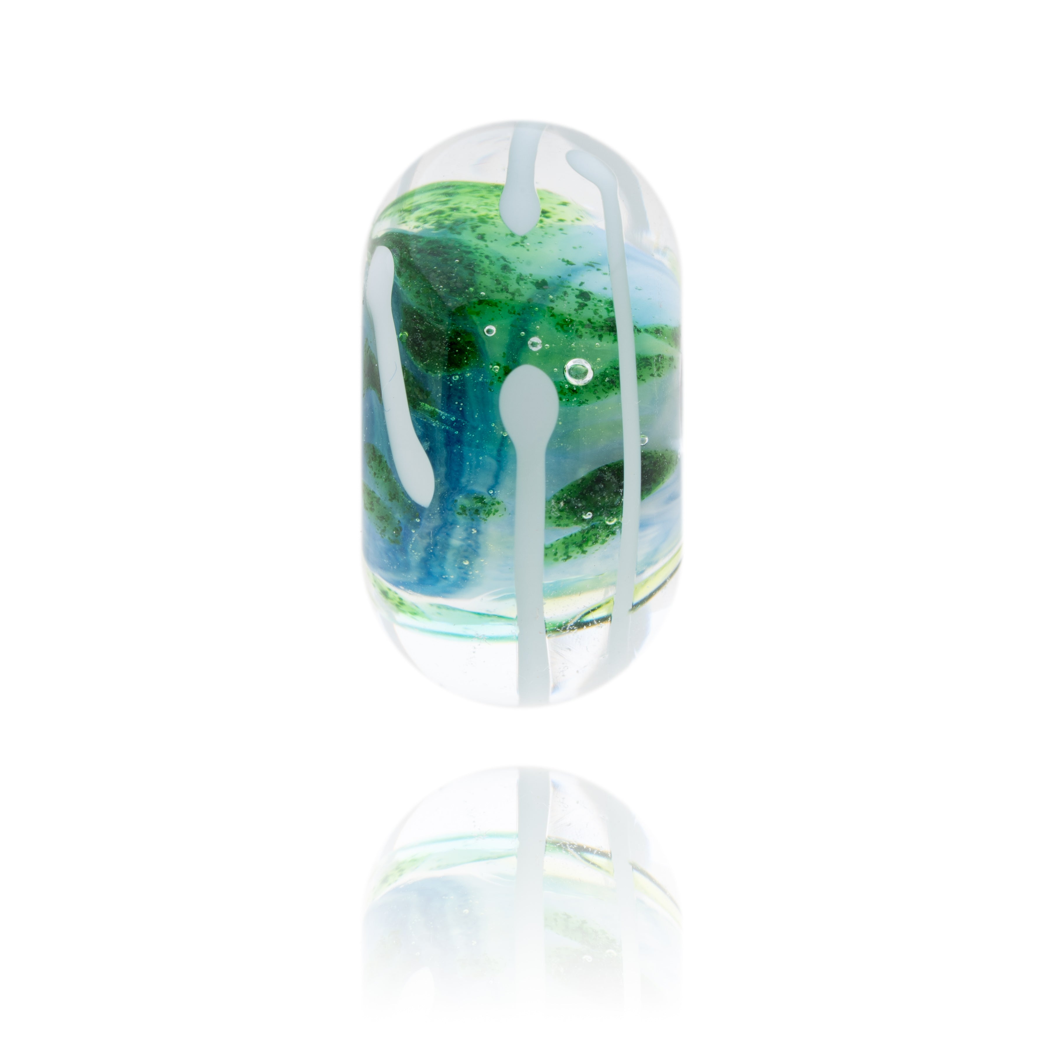 Blue, green and clear glass bead with white surface patterns representing Blue Anchor Bay in Somerset.