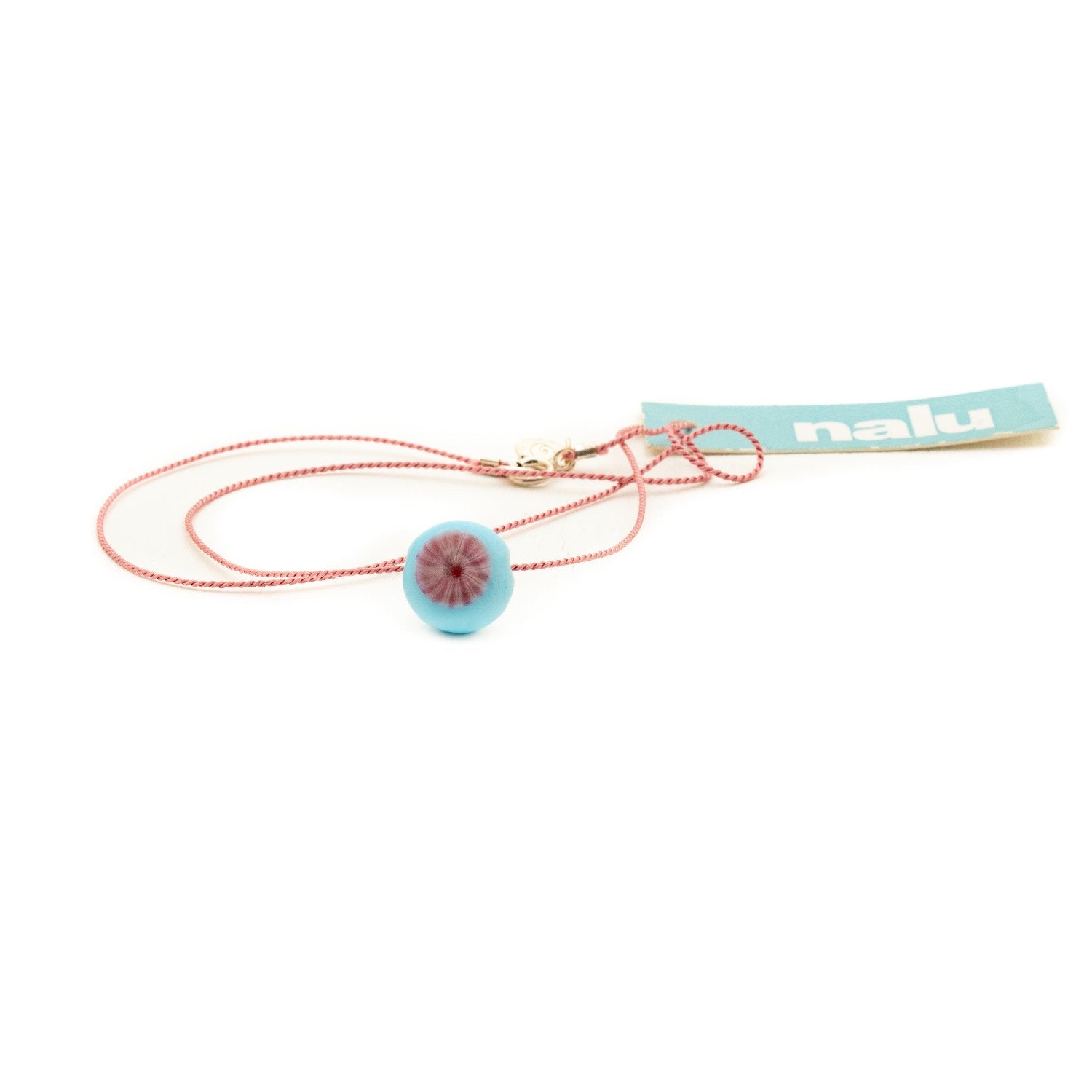 Blue and pink glass pebble on pink silk cord necklace - short 16".