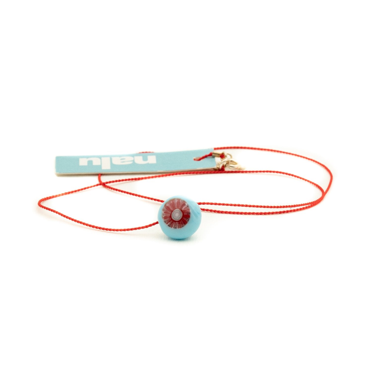 Blue and red glass bead on red silk cord necklace - regular 17".