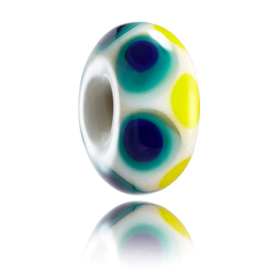 Bondi Beach Australian Glass Bead with yellow, blue and green dots on white background.