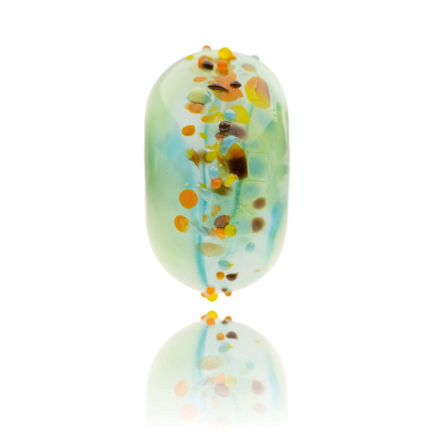 Green and blue glass bead with orange, yellow and brown speckles on the surface. Being sold in support of the Braunton Countryside Centre.
