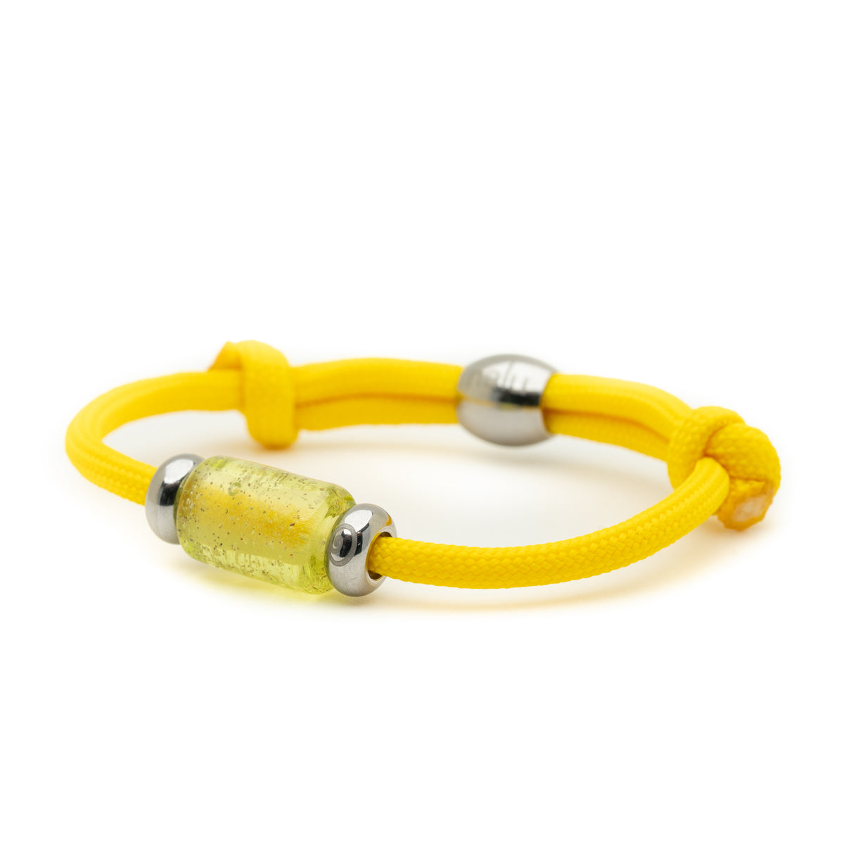 A yellow braided cord bracelet with a translucent yellow-green glass bead and silver metal end caps, shown on a plain white background.