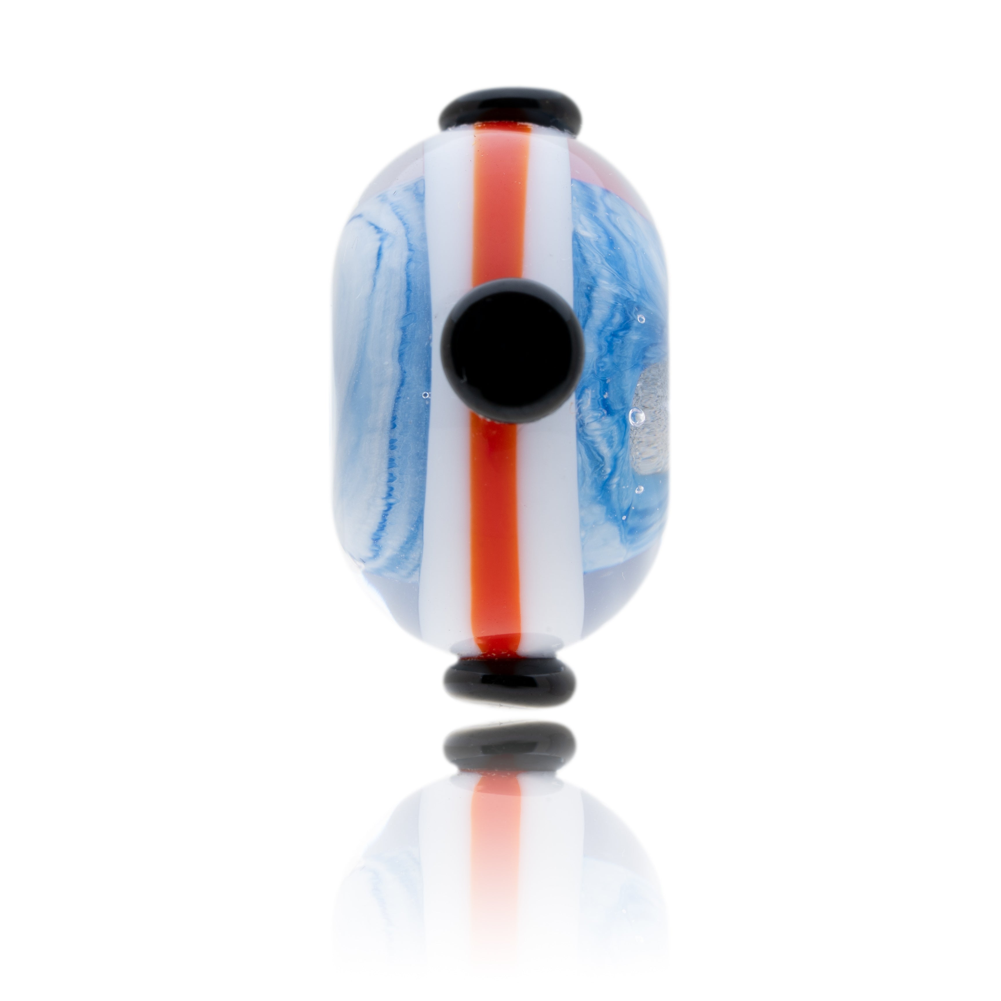 Blue, white, clear glass bead with a white and red surface stripe pattern with four black dots. Representing Burham-On-Sea.