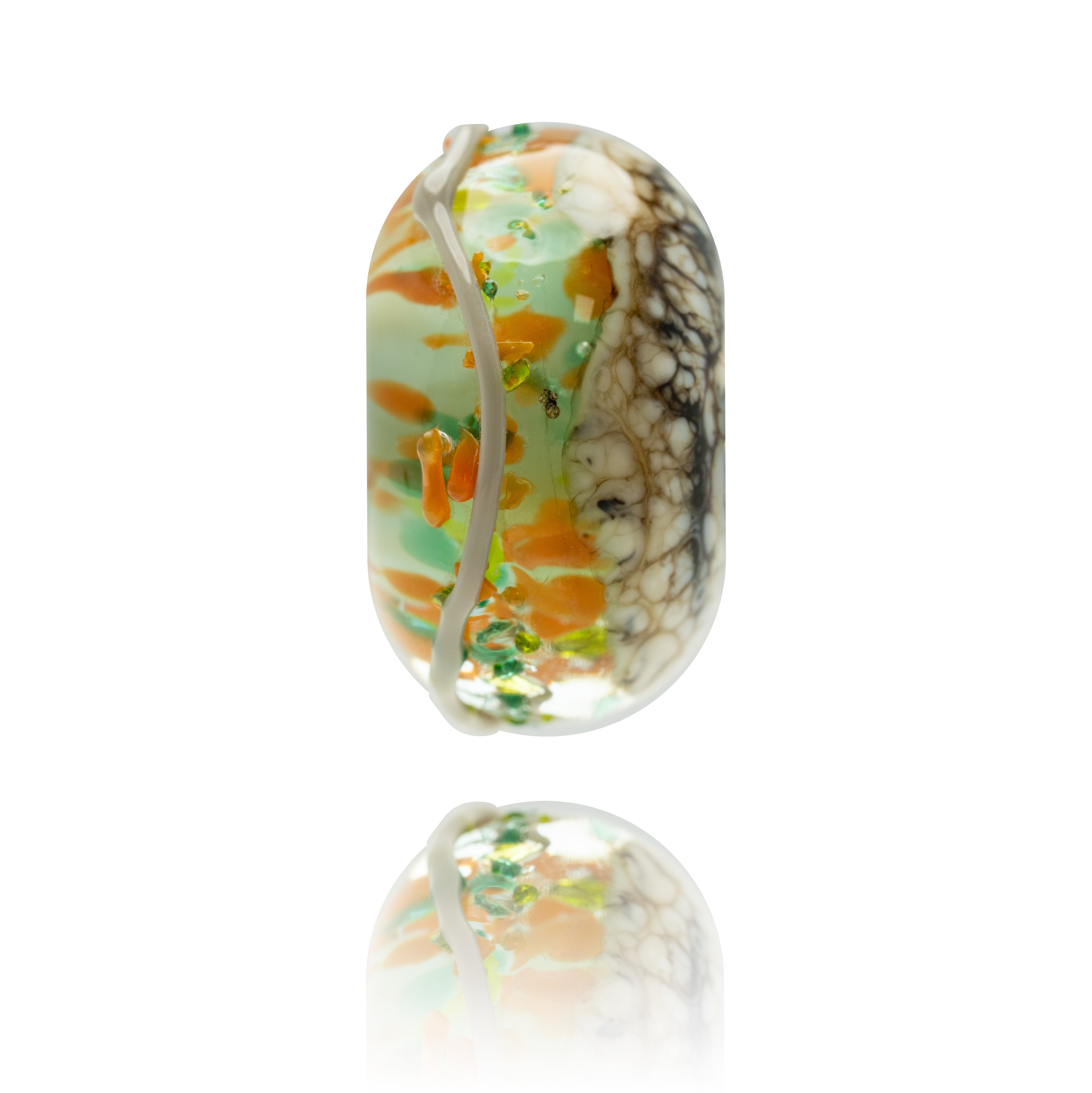 Green, brown and orange mottled glass bead with grey pattern on white background.