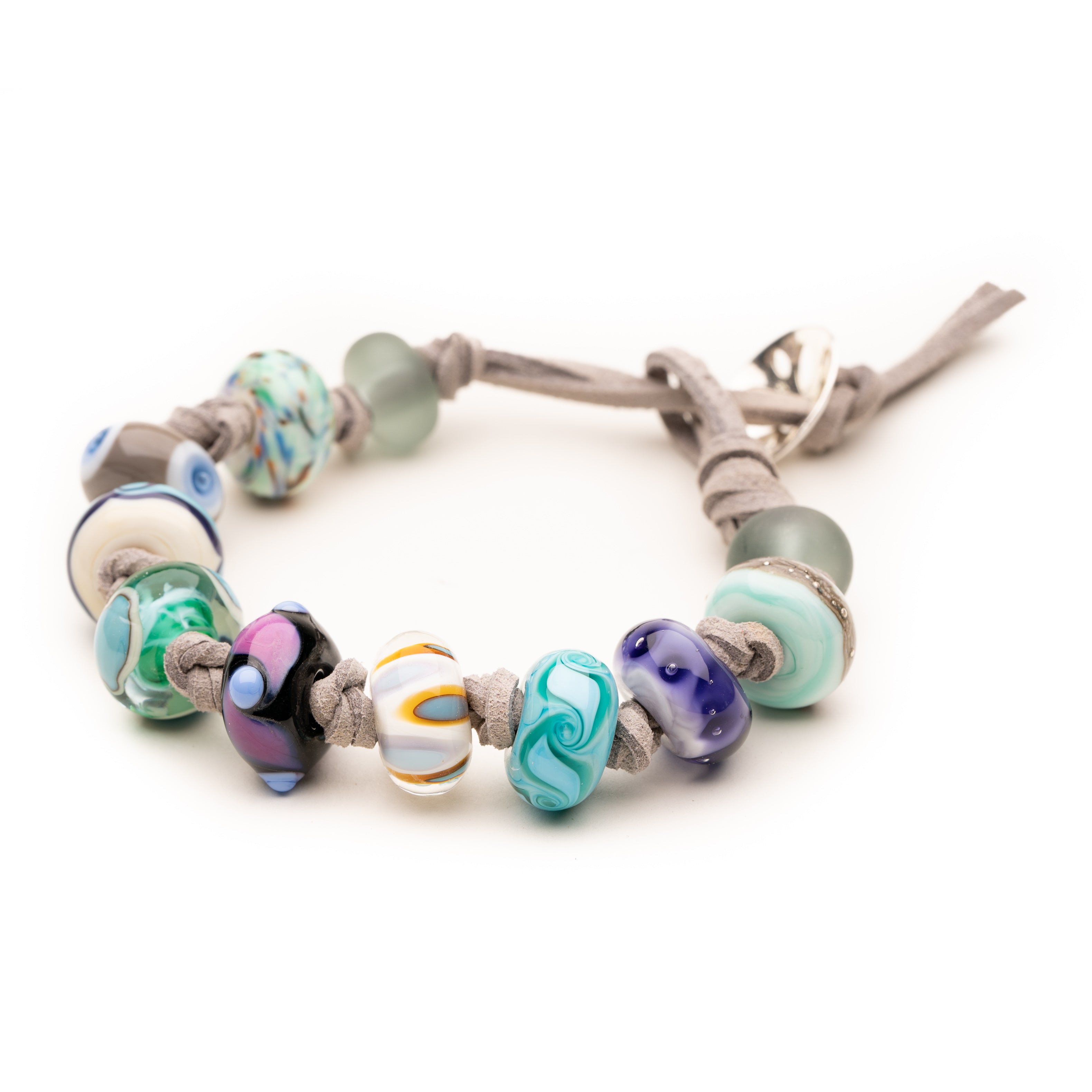 Cornish glass beach bead on grey cord anklet.