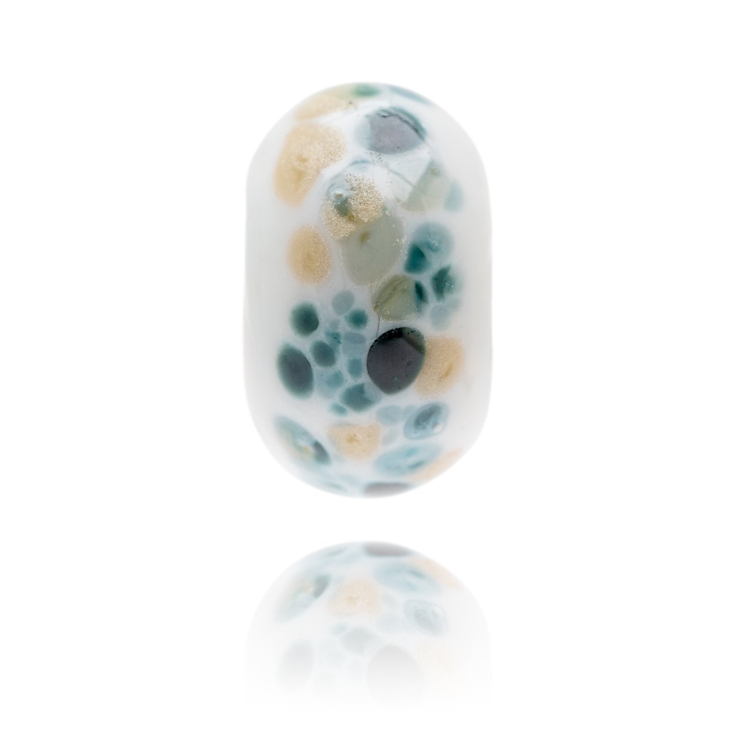 Grey glass bead with black n brown spotted patterns on the surface representing a seal, being sold to support the Sea Life Charity.