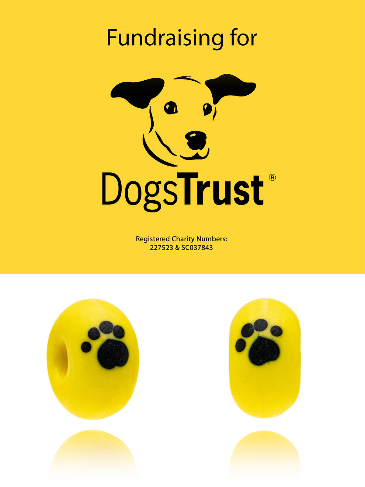 Yellow logo for Dogs Trust with glass charity beads supporting the Dogs Trust.