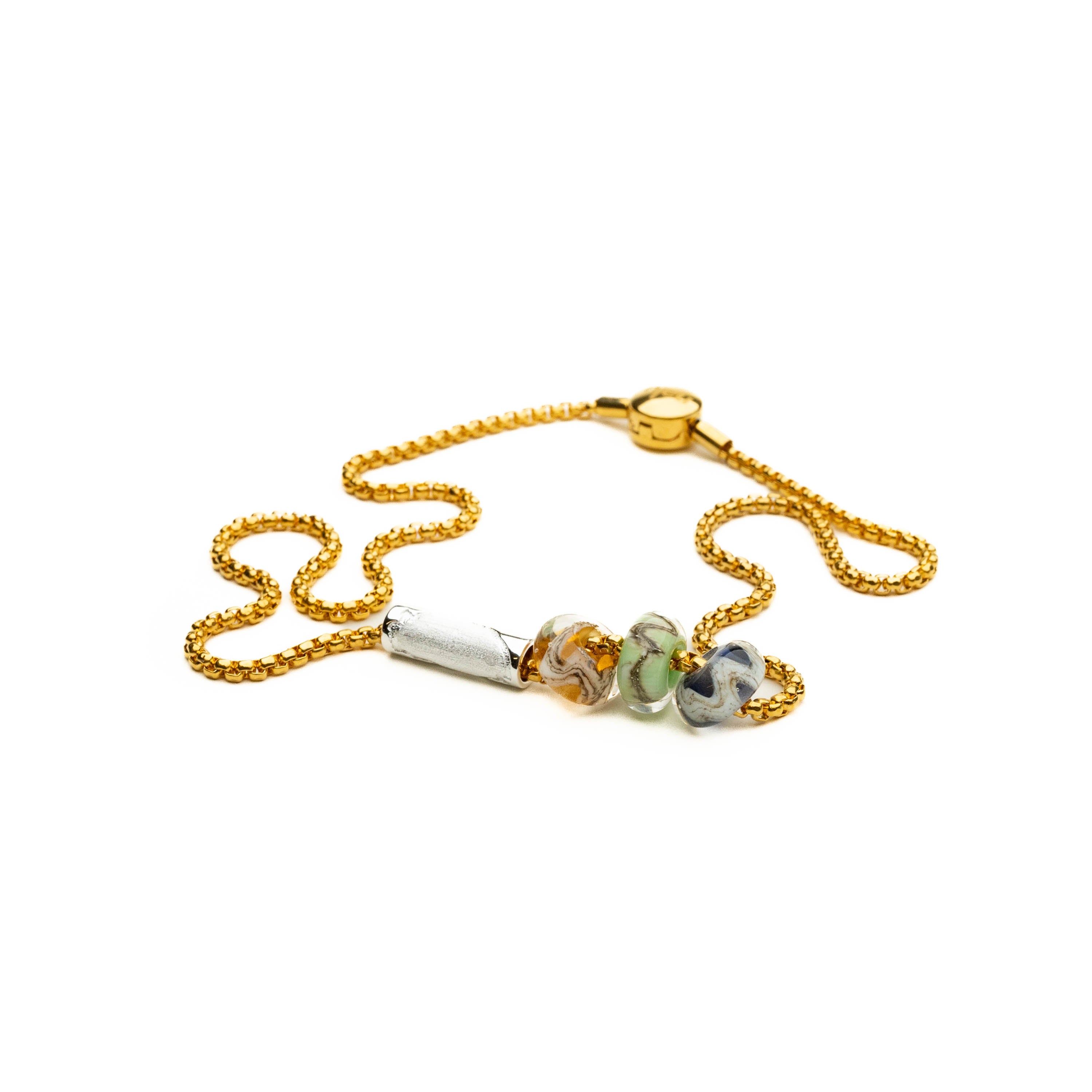 Dorset beads on gold hula necklace.
