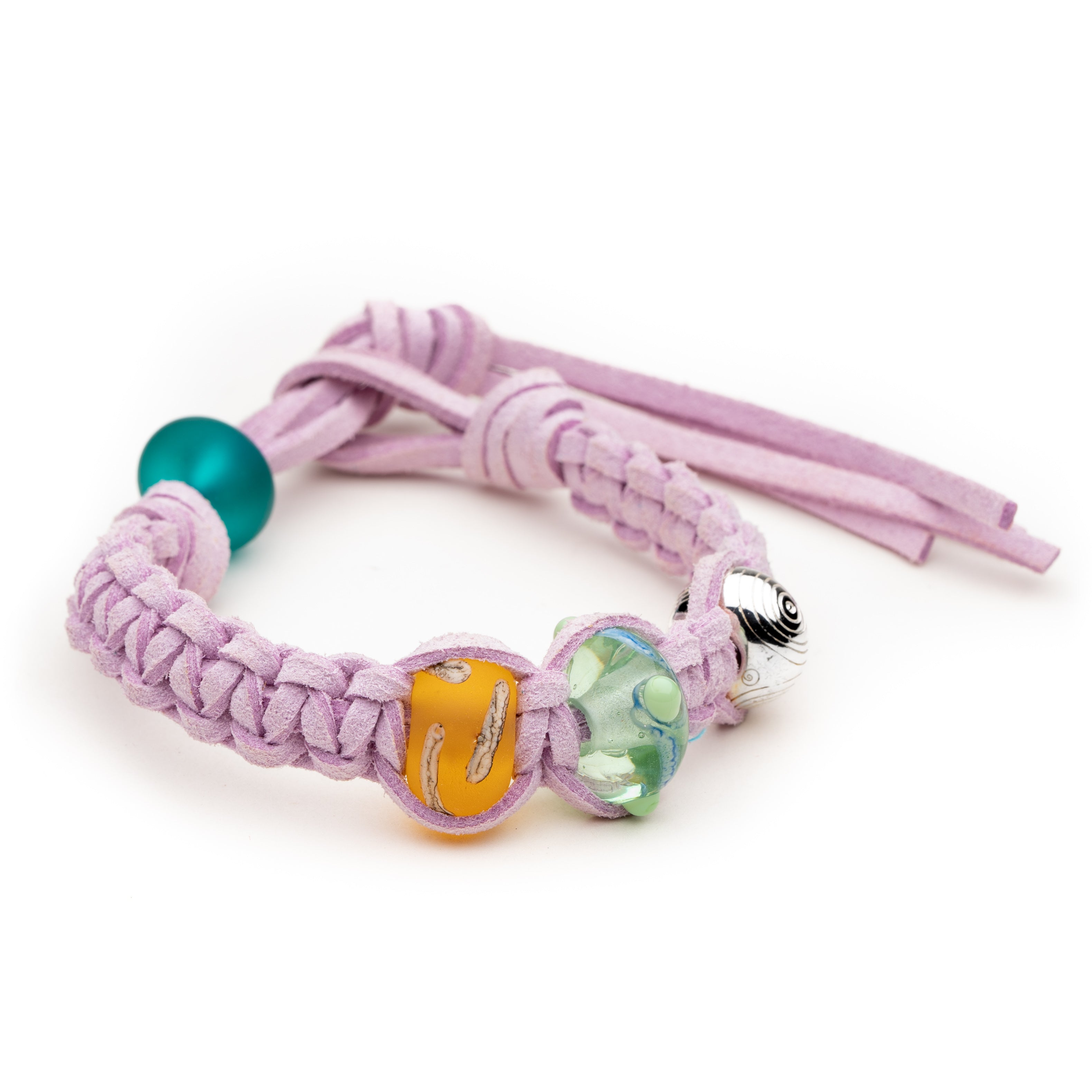 Thistle cord bracelet with amber, green and silver beads for South Devon.