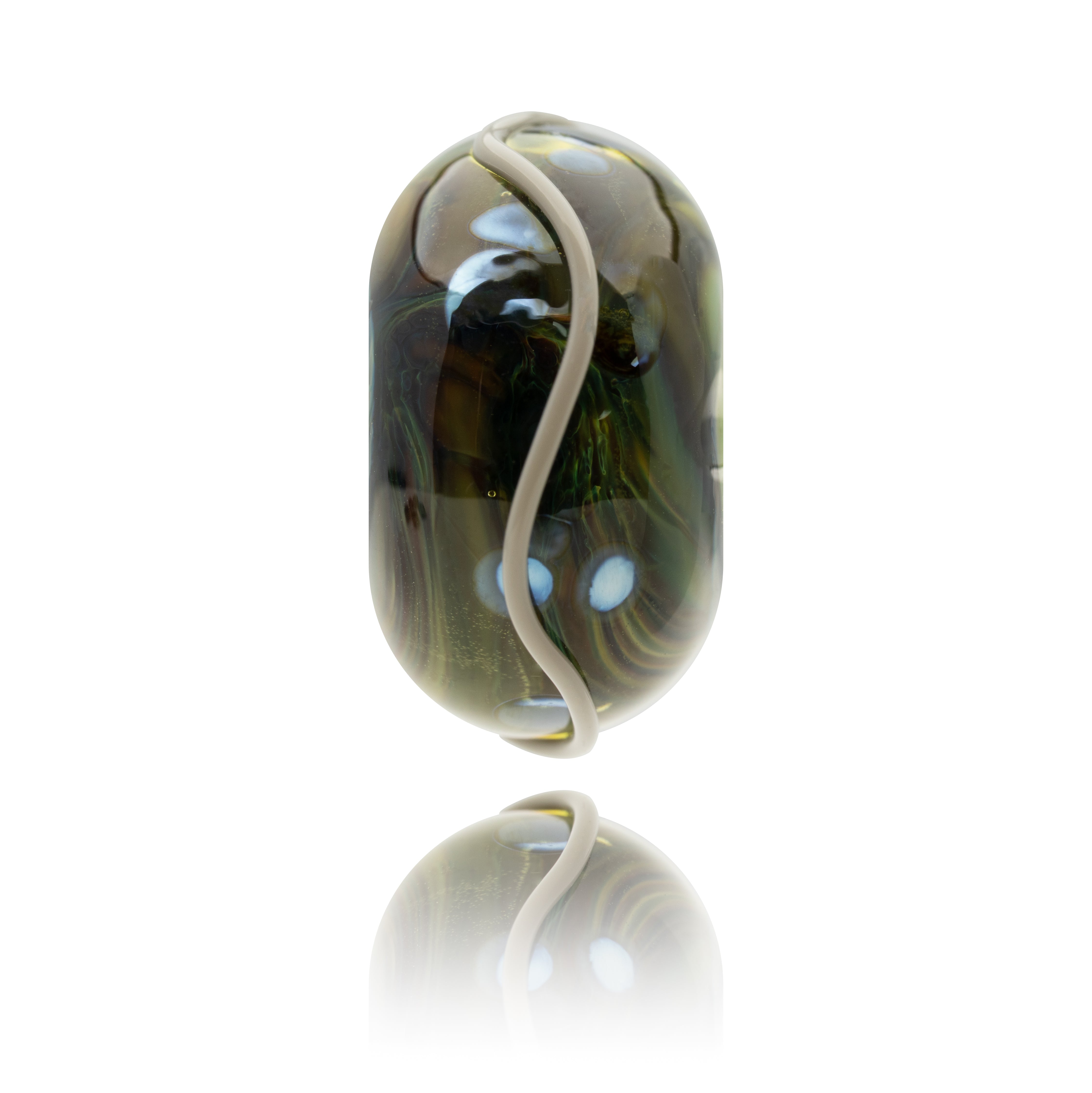 Glass pendant with a white cord on a white background