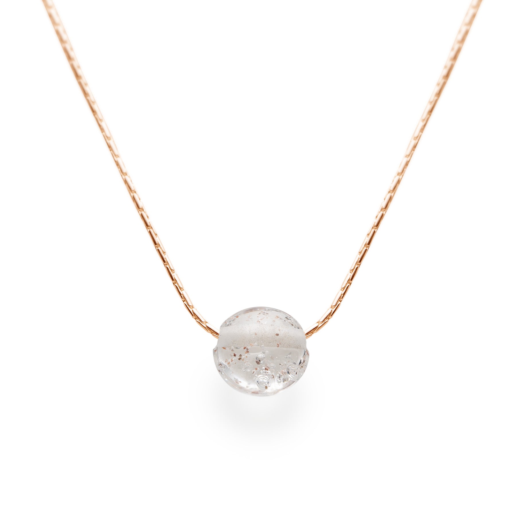 Clear glass bead necklace with beach sand on gold fill fine chain necklace.