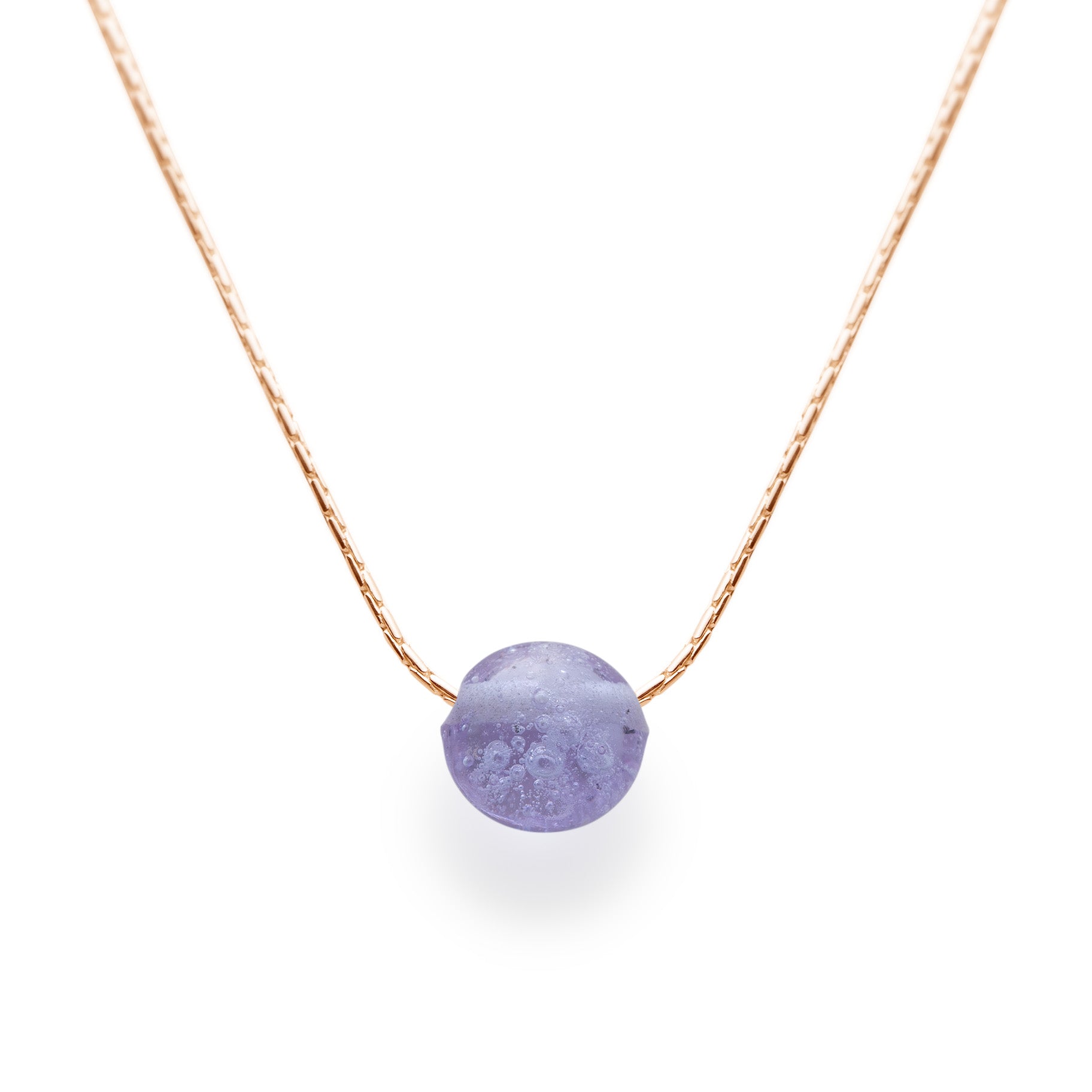 Lavender glass bead necklace with beach sand on gold fill fine chain necklace.