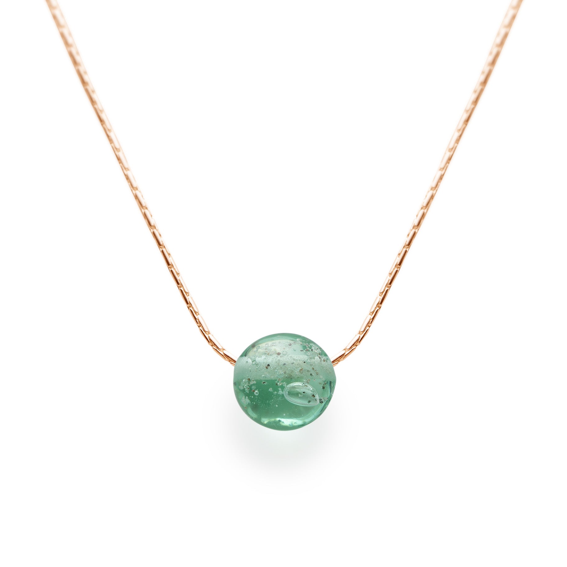 Sea green glass bead necklace with beach sand on gold fill fine chain necklace.