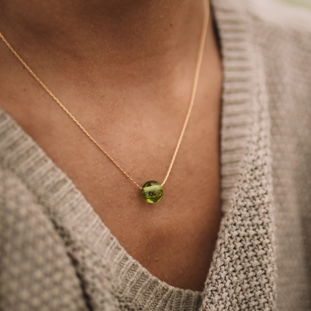 green glass bead necklace with beach sand on gold fill fine chain necklace.