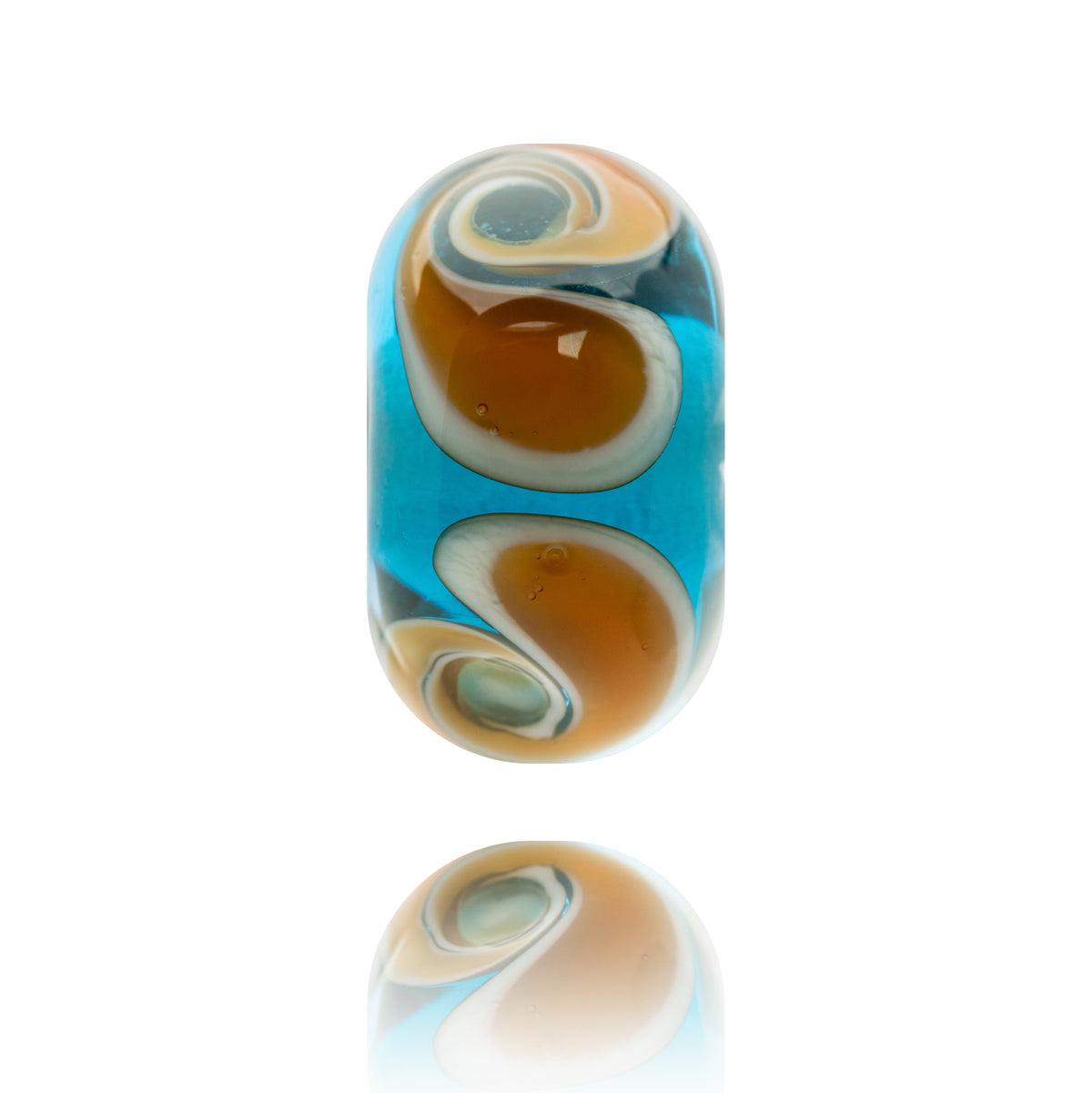 A single hand-blown glass lampwork bead with a swirled pattern of turquoise blue, amber brown, cream, and light gray, shown on a reflective white surface.