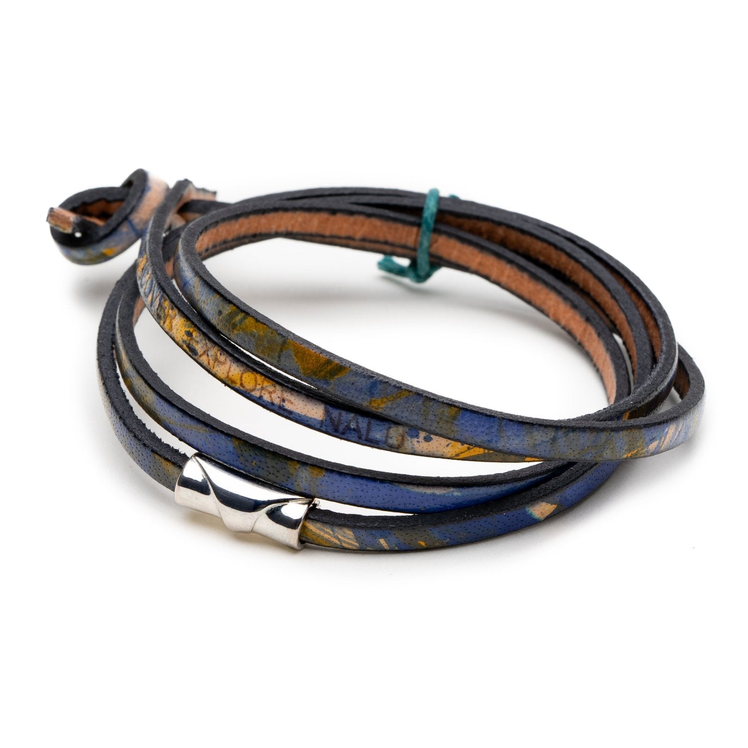 Blue and yellow patterned leather bracelet with a silver bead on it.