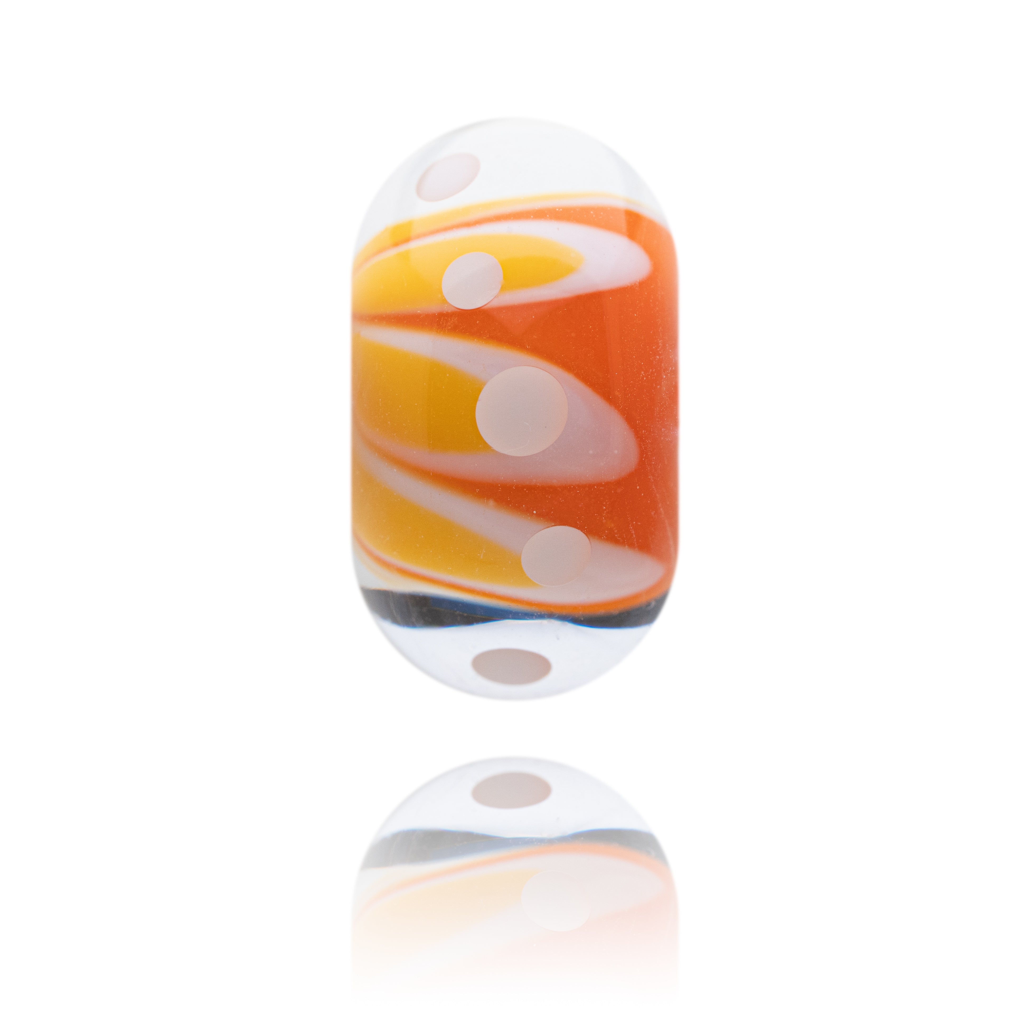 Two glass beads with orange, white, and gray swirl patterns on a white background
