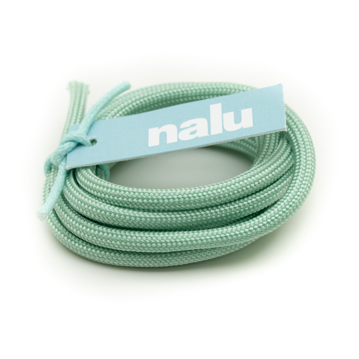 A coiled mint green braided cord with a light blue paper tag featuring the white 'nalu' logo, set against a plain white background.
