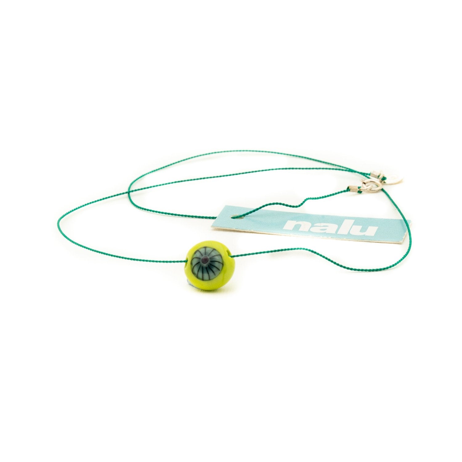 Lime and blue glass bead on green silk cord necklace - regular 17".