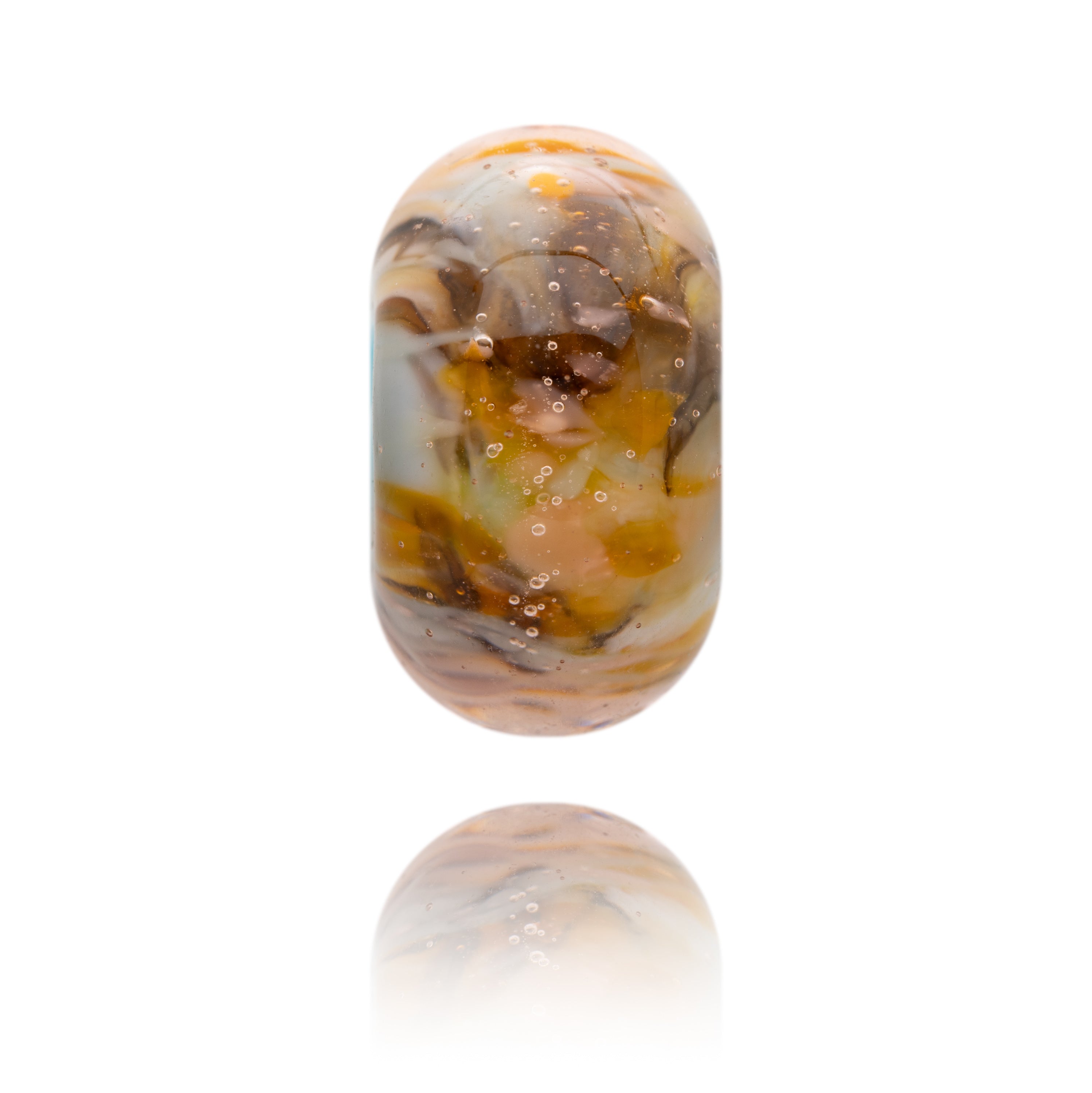 Brown, yellow and blue glass bead representing Little Fistral Beach in Cornwall.