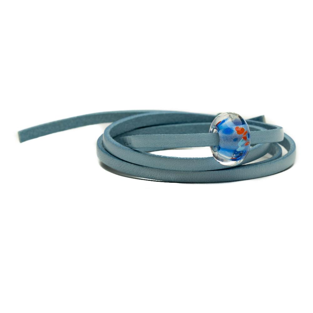 Lobster Hatchery bead on blue leather wrap.