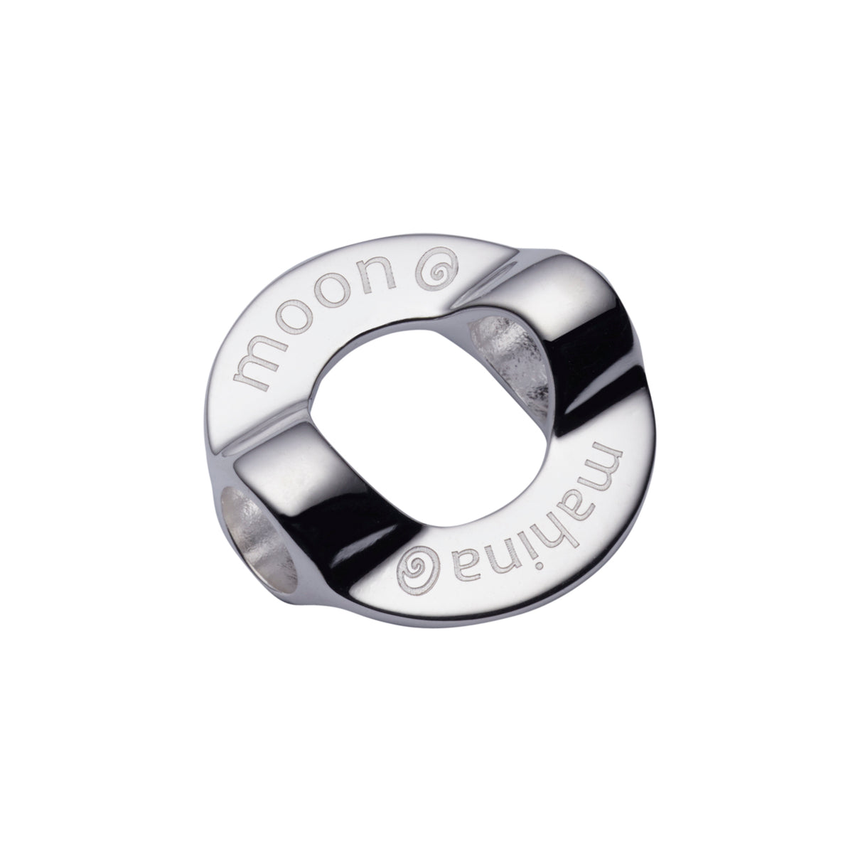 A polished silver metal ring-shaped charm with engraved text reading 'moon @ mahina' on a plain white background.