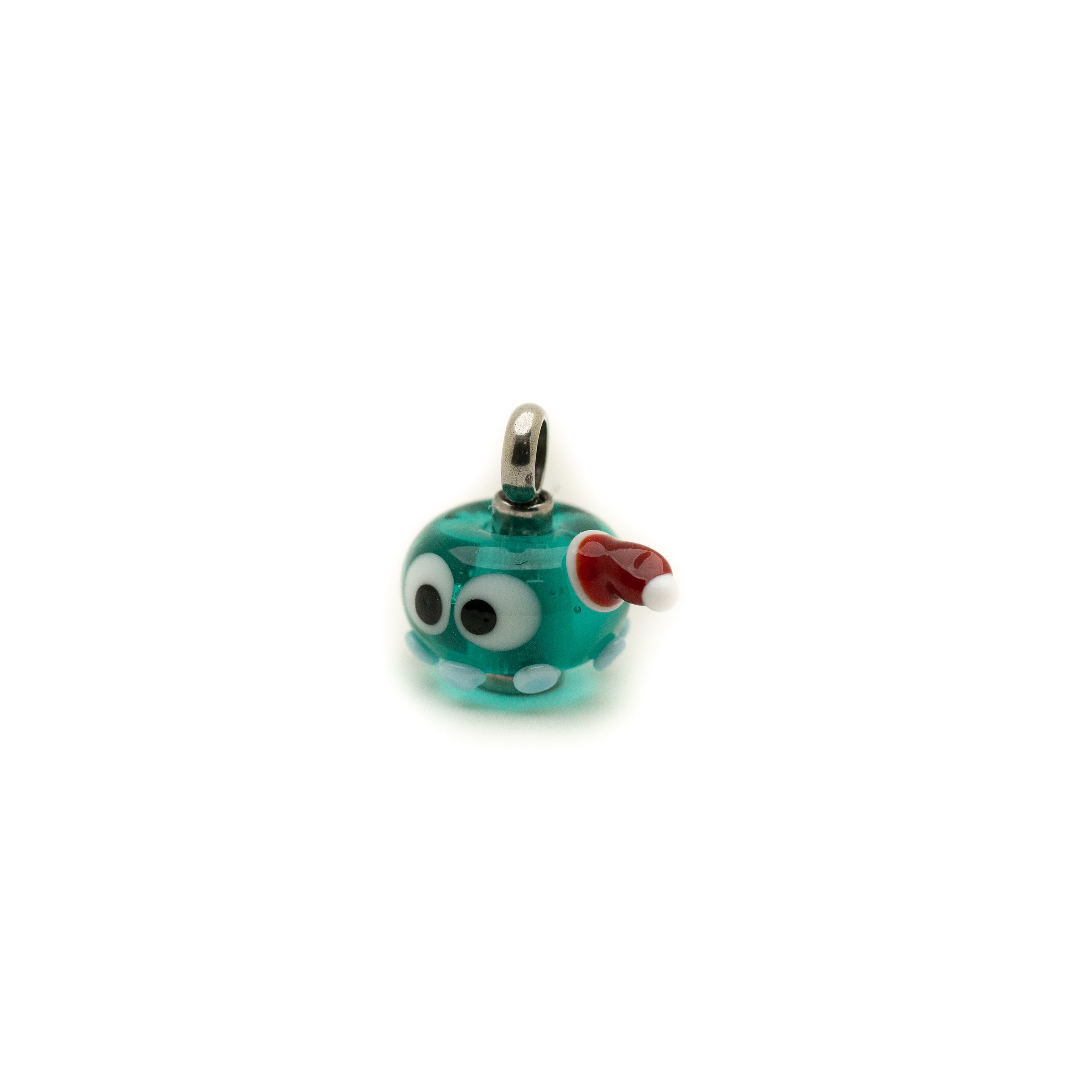 Teal glass charm bead shaped like an octopus wearing a Christmas hat Side.
