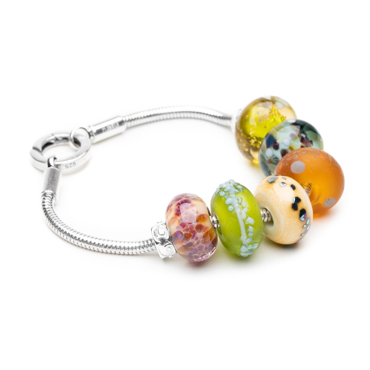Silver snake chain bracelet with silver stoppers and colourful patterned Murano glass beads representing the UK’s National Parks.