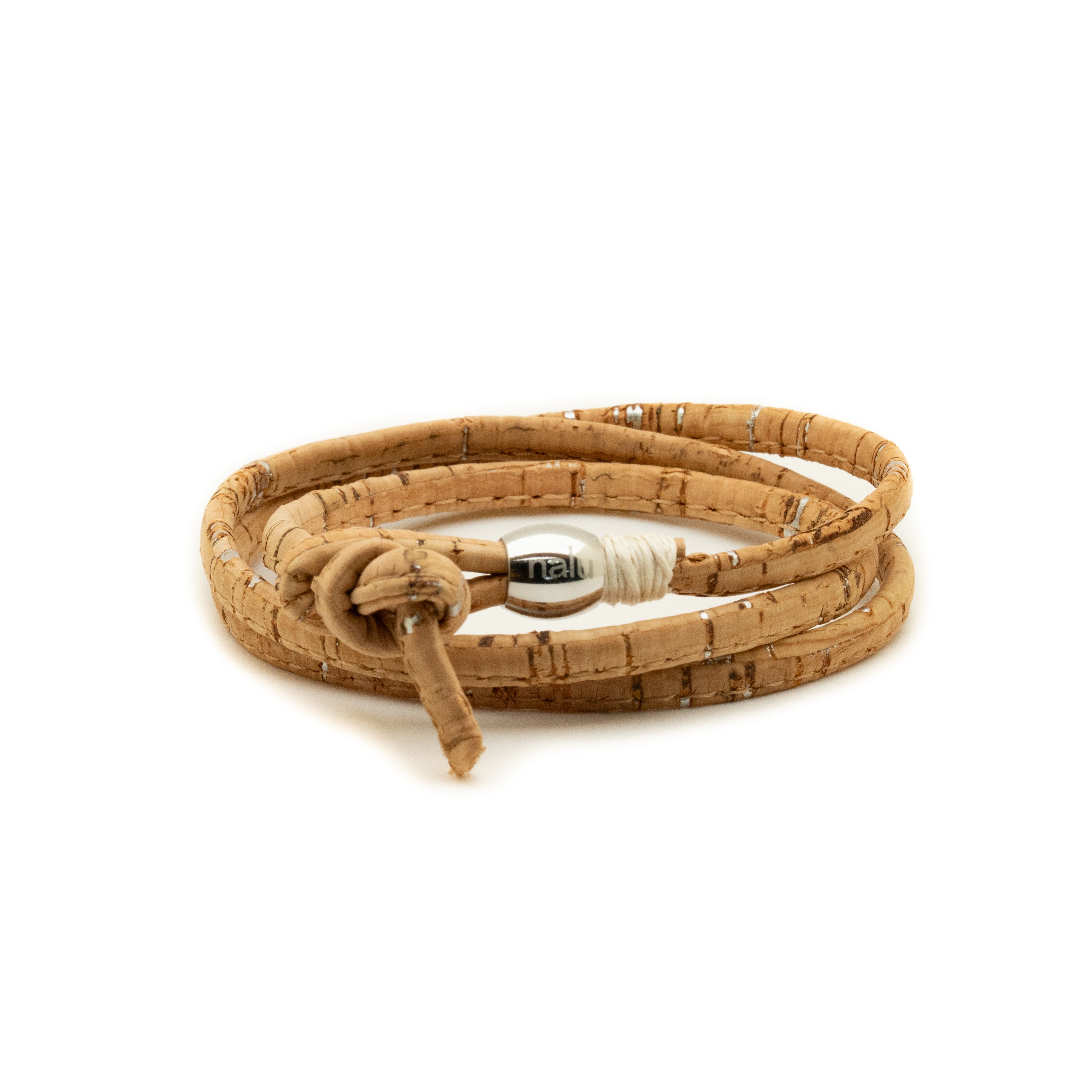 Natural & Silver cork wrap bracelet with silver nail toggle.