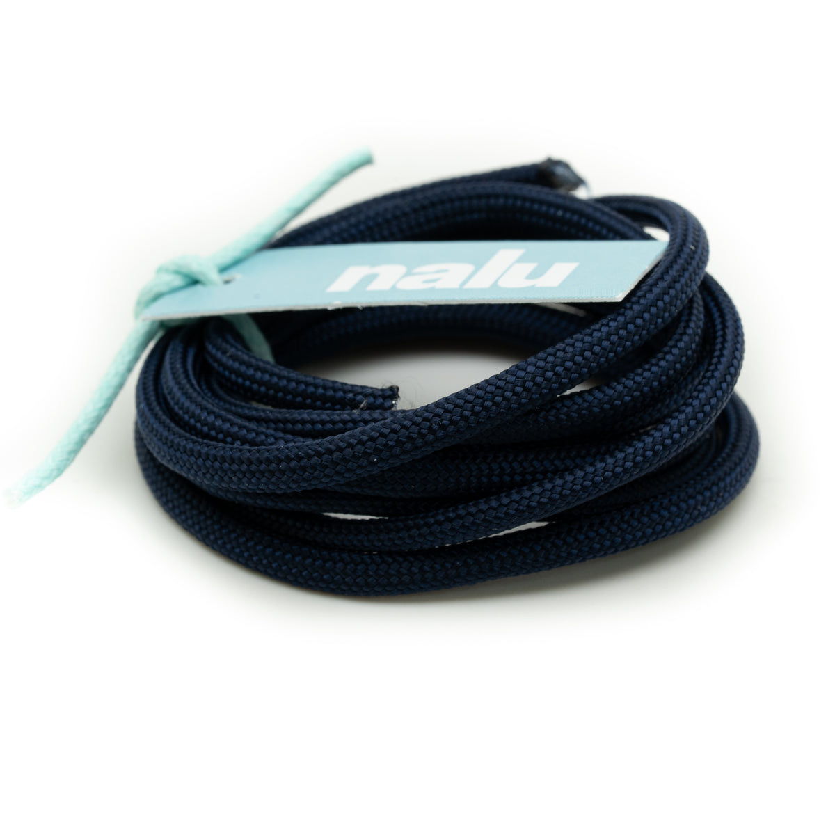 A coiled navy blue braided cord with a light blue paper tag attached, featuring the brand name 'nalu' in white text, set against a plain white background.