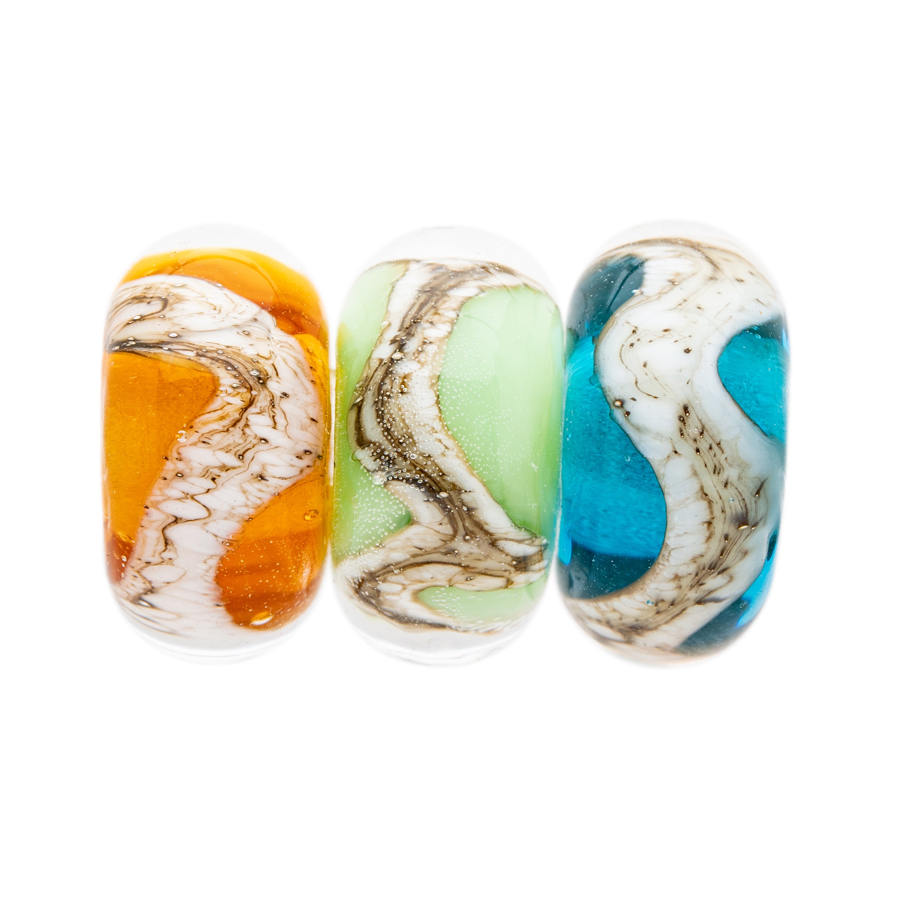 Amber, green and turquoise glass beads wrapped with swirling silver sand pattern, representing the Norfolk coastline.