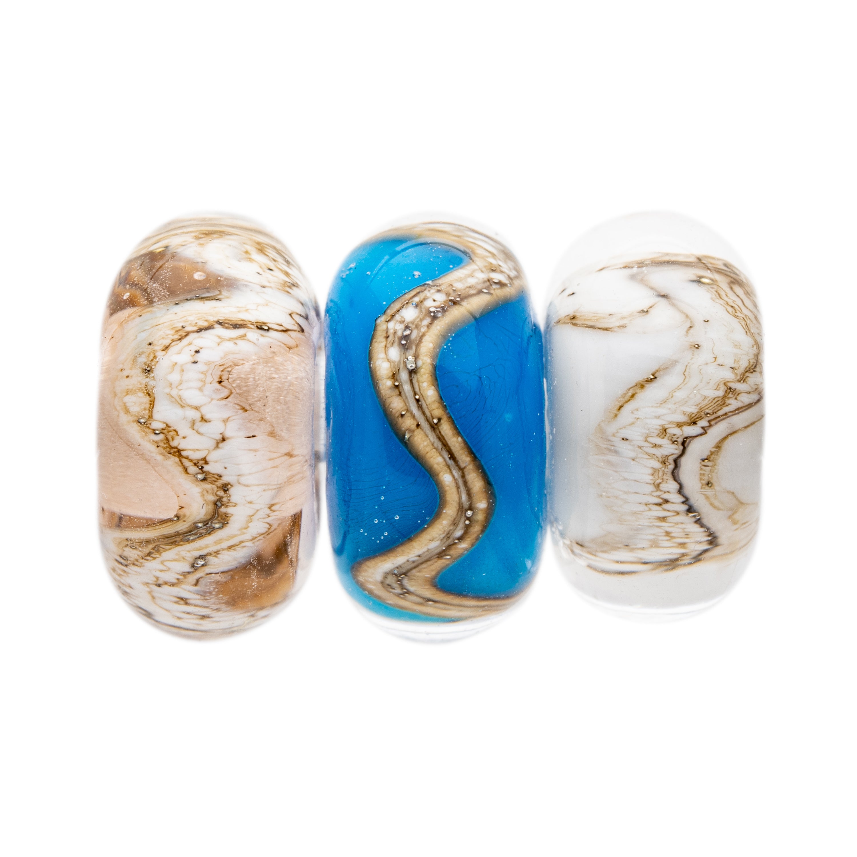 Peach, White and Blue Turquoise, white and orange glass beads wrapped with swirling silver sand pattern, representing the Northumberland Coastline.