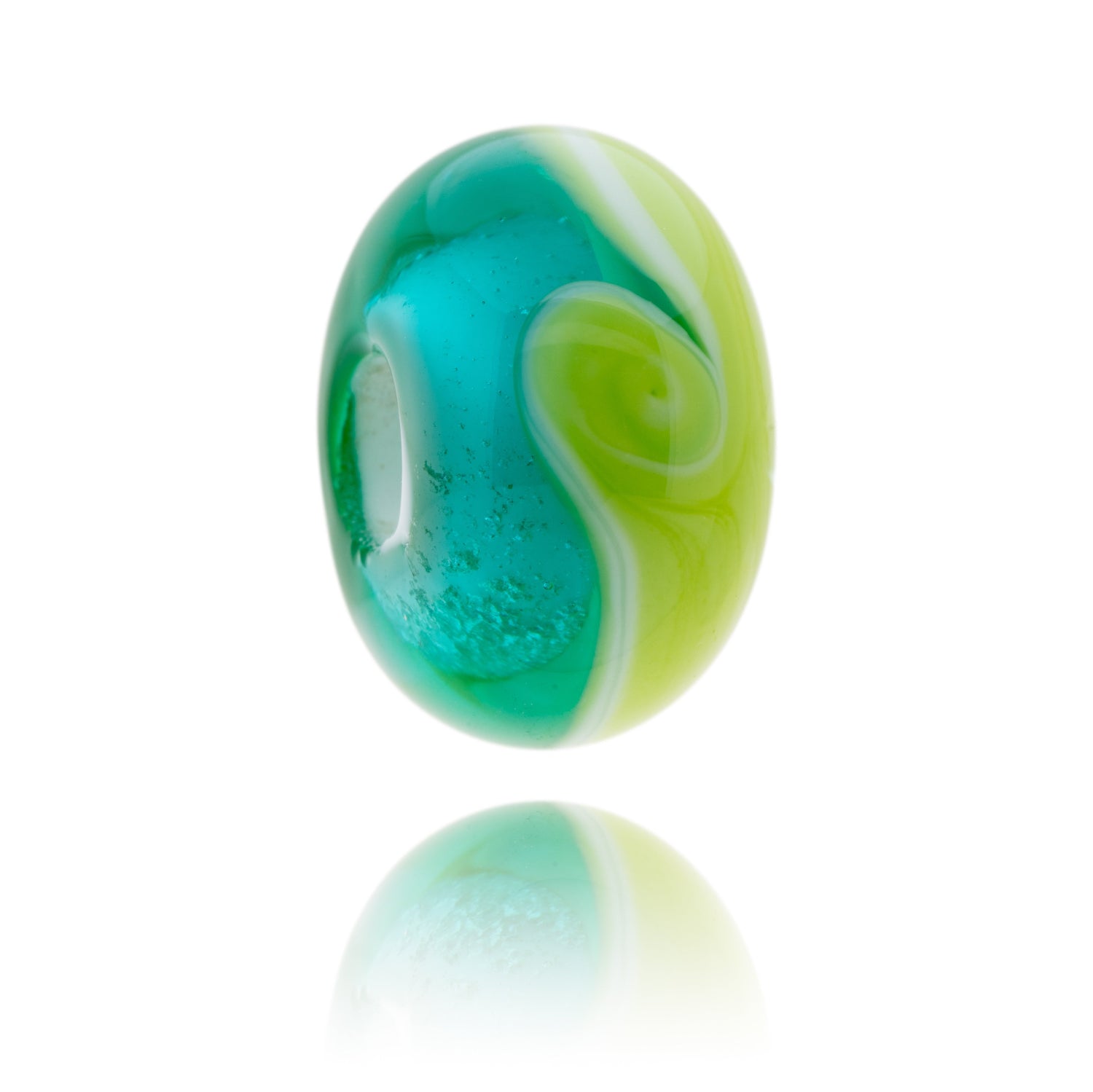 Teal and bright green glass bead representing the county of Pembrokeshire.