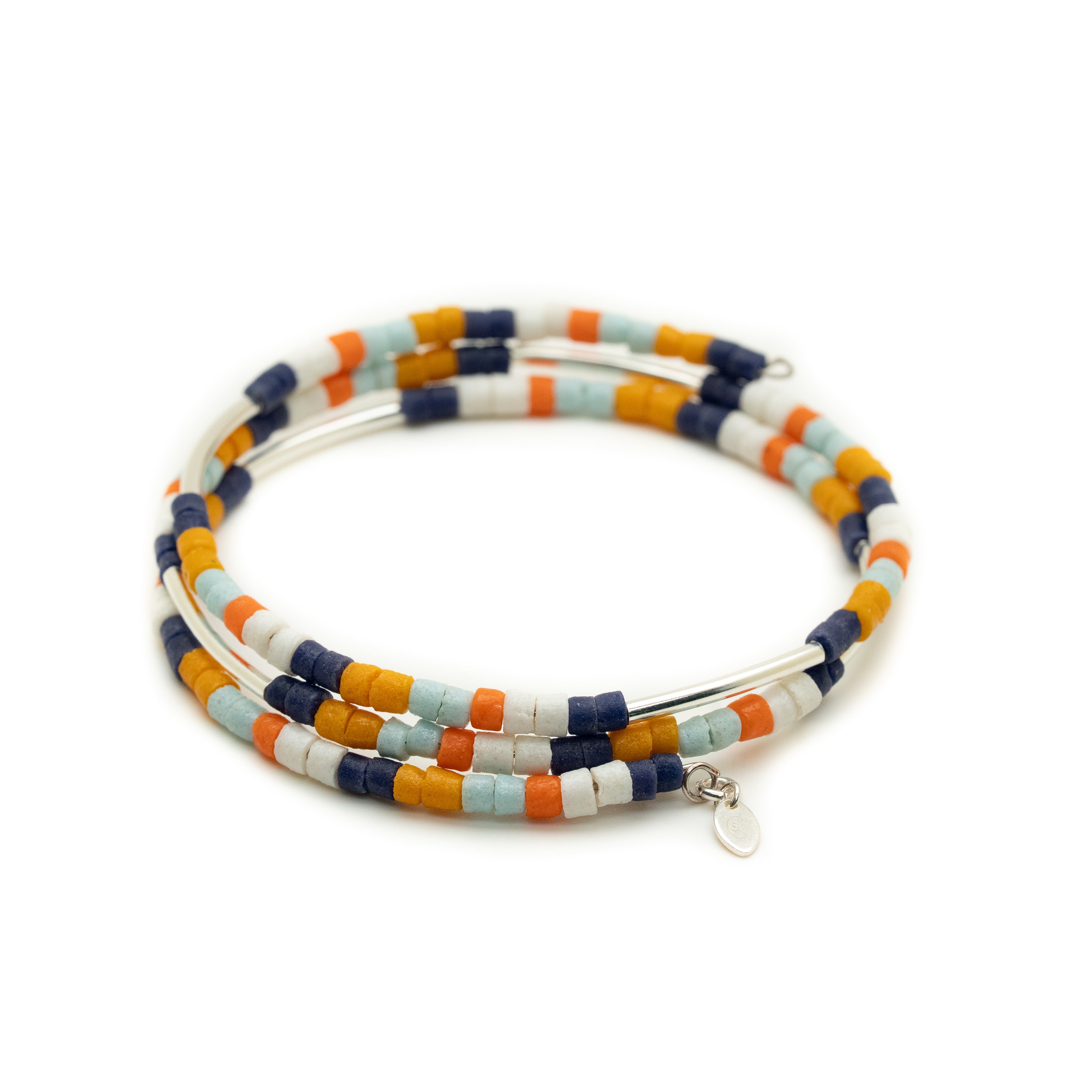 Multicolored beaded bracelets on a white background