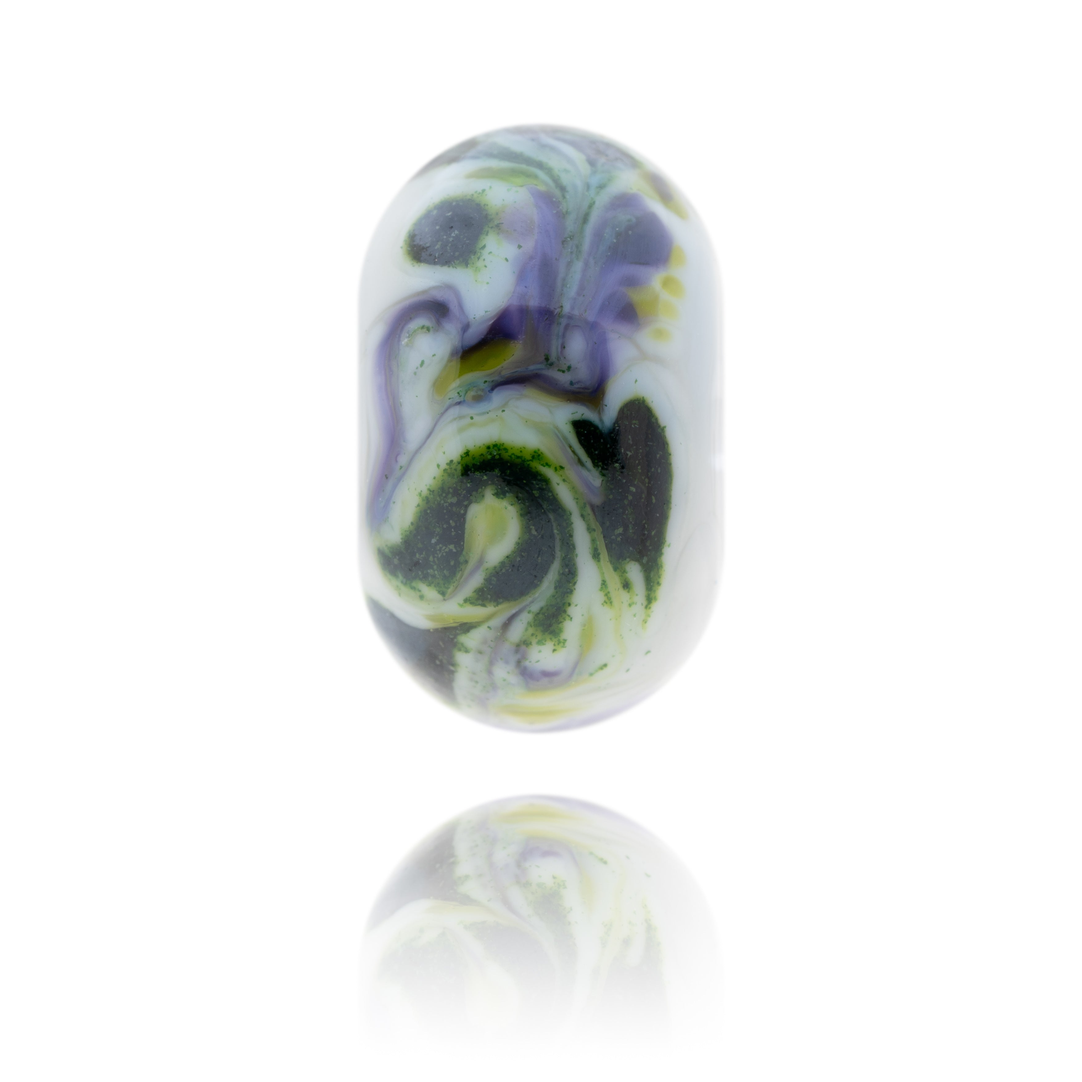 Grey, purple and green swirling glass bead for Porlock in Somerset.