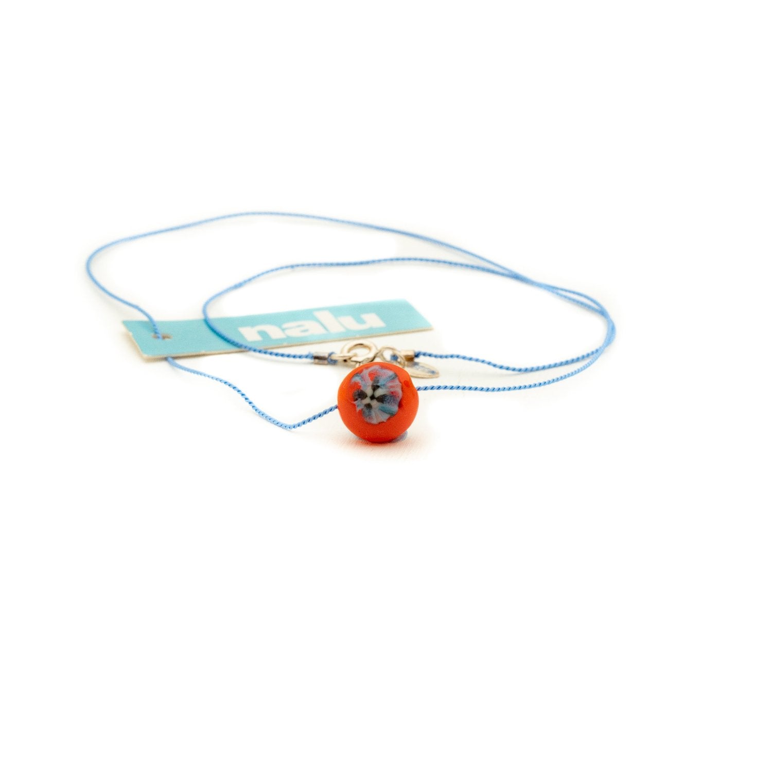 Blue and red glass bead on blue silk cord necklace - long 20".
