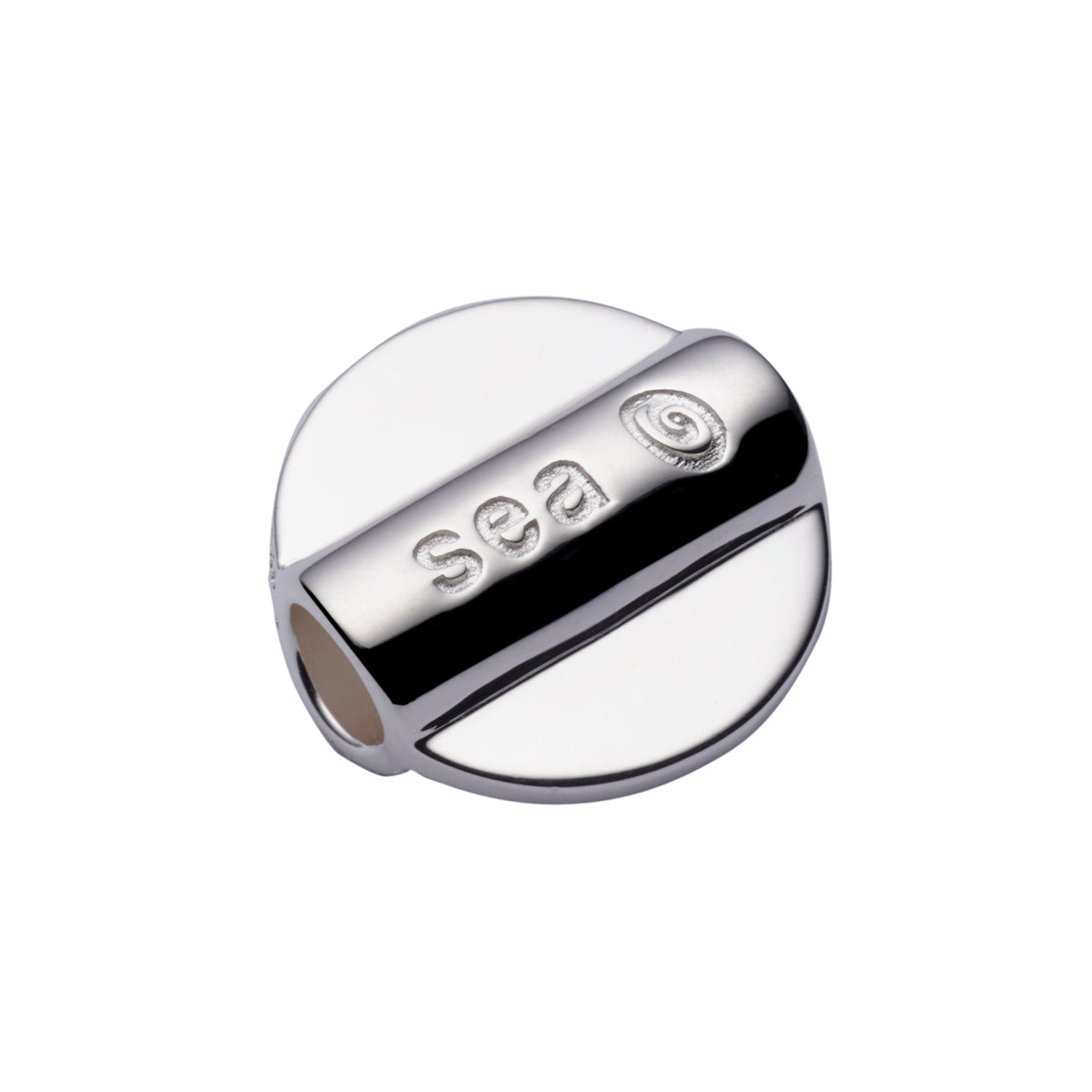 A polished sterling silver round bead charm featuring a central horizontal bar engraved with 'sea' and a Greek letter omega, on a solid white background.