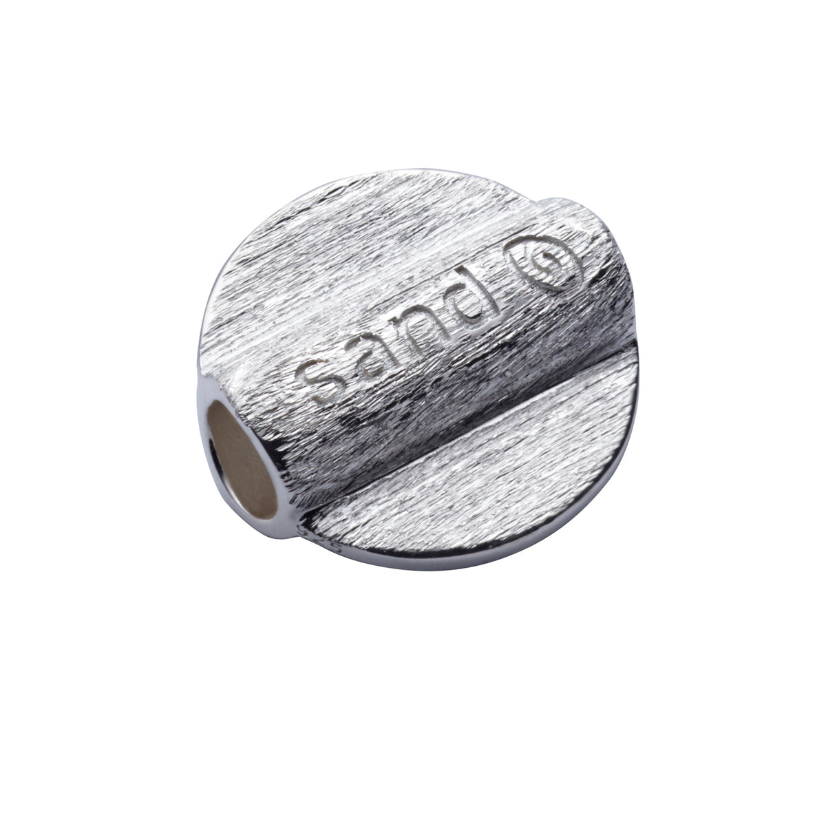 A single metallic charm bead with a brushed silver finish, featuring the debossed brand name 'sand' and a small circular logo, shown on a plain white background.
