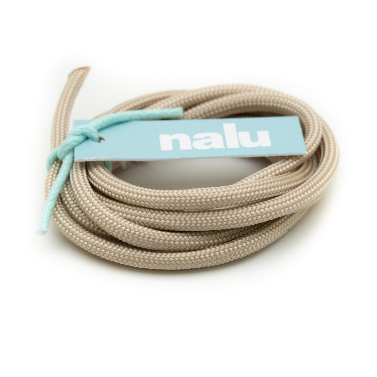 A coiled beige woven rope or cord with a light blue paper tag tied around it, featuring the brand name 'nalu' in white text, set against a plain white background.