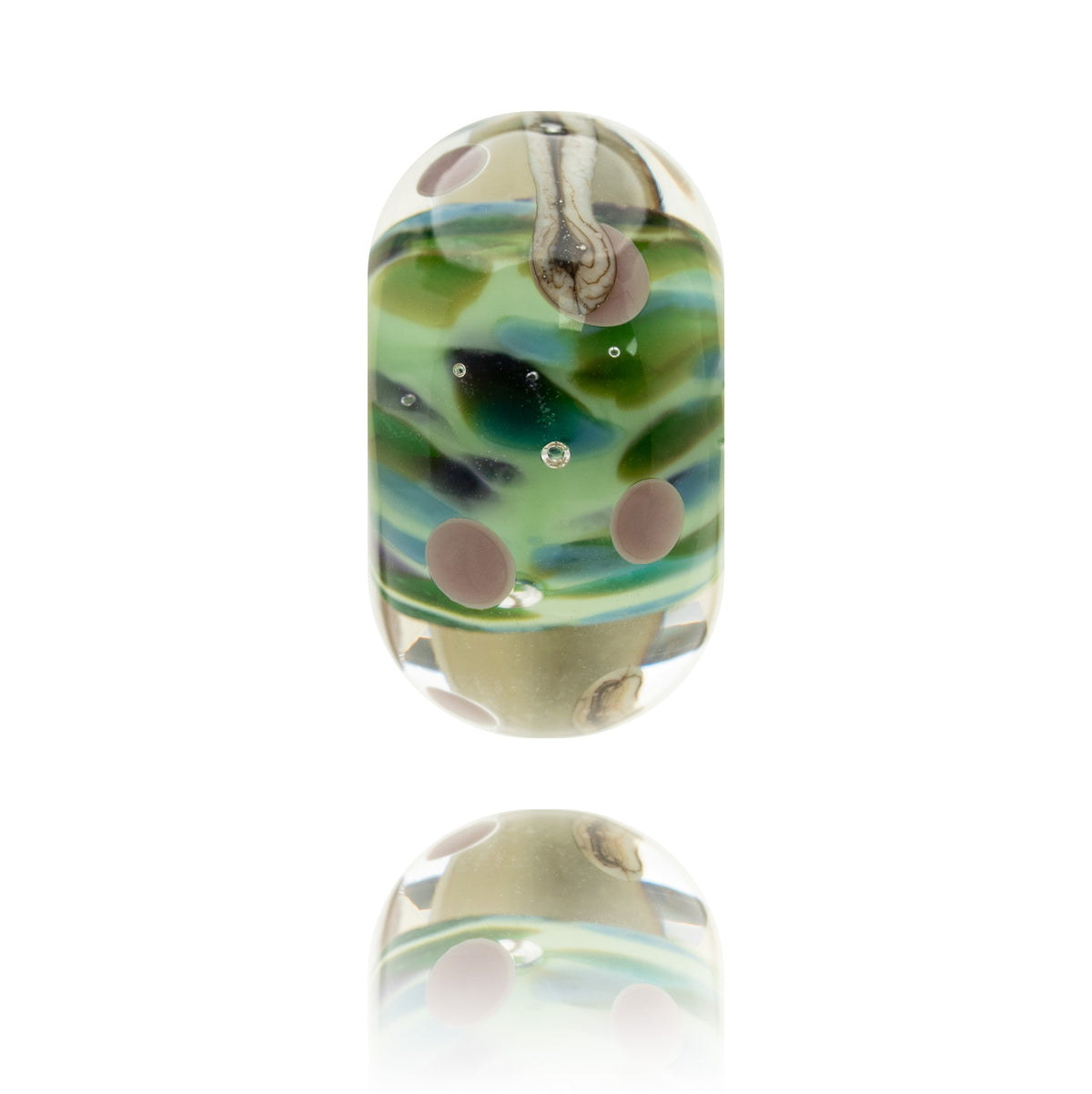 A single handmade glass lampwork bead with a loop at the top, featuring a marbled pattern of green, teal, and dark blue swirls, accented with pinkish-brown dots and clear bubbles, shown on a white background with a soft reflection below.