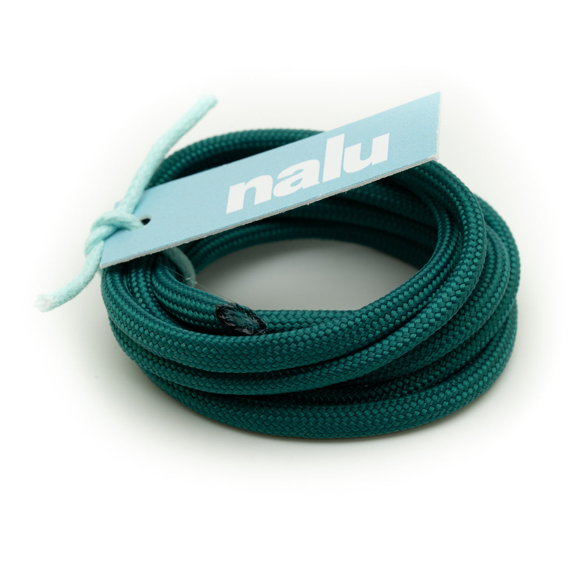 A coiled dark teal green braided cord with a light blue paper tag tied to it, featuring the brand name 'nalu' in white. The cord is photographed on a clean white background.