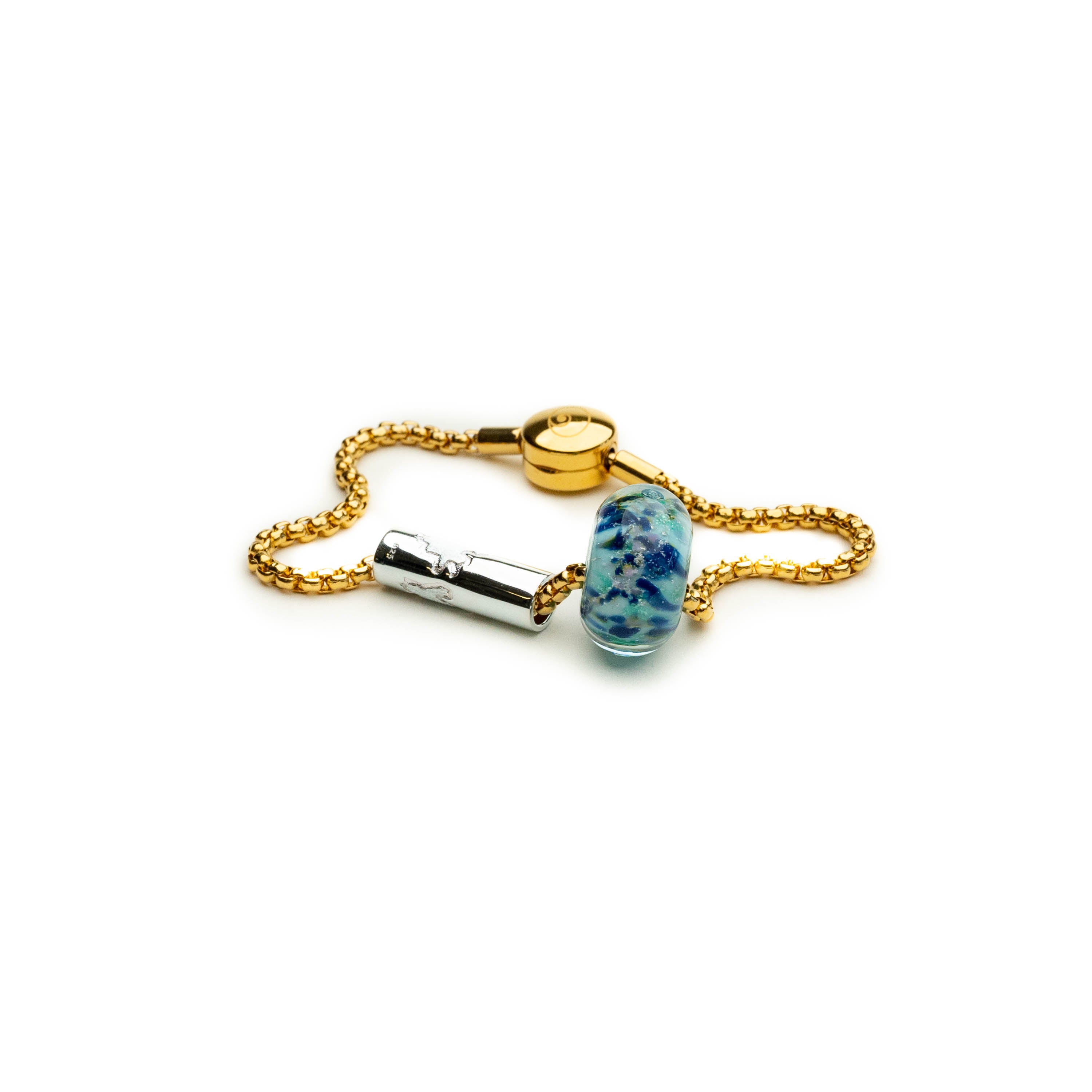 IP 18k gold bracelet by Nalu with oyster clasp fastener. and blue glass and silver bead.