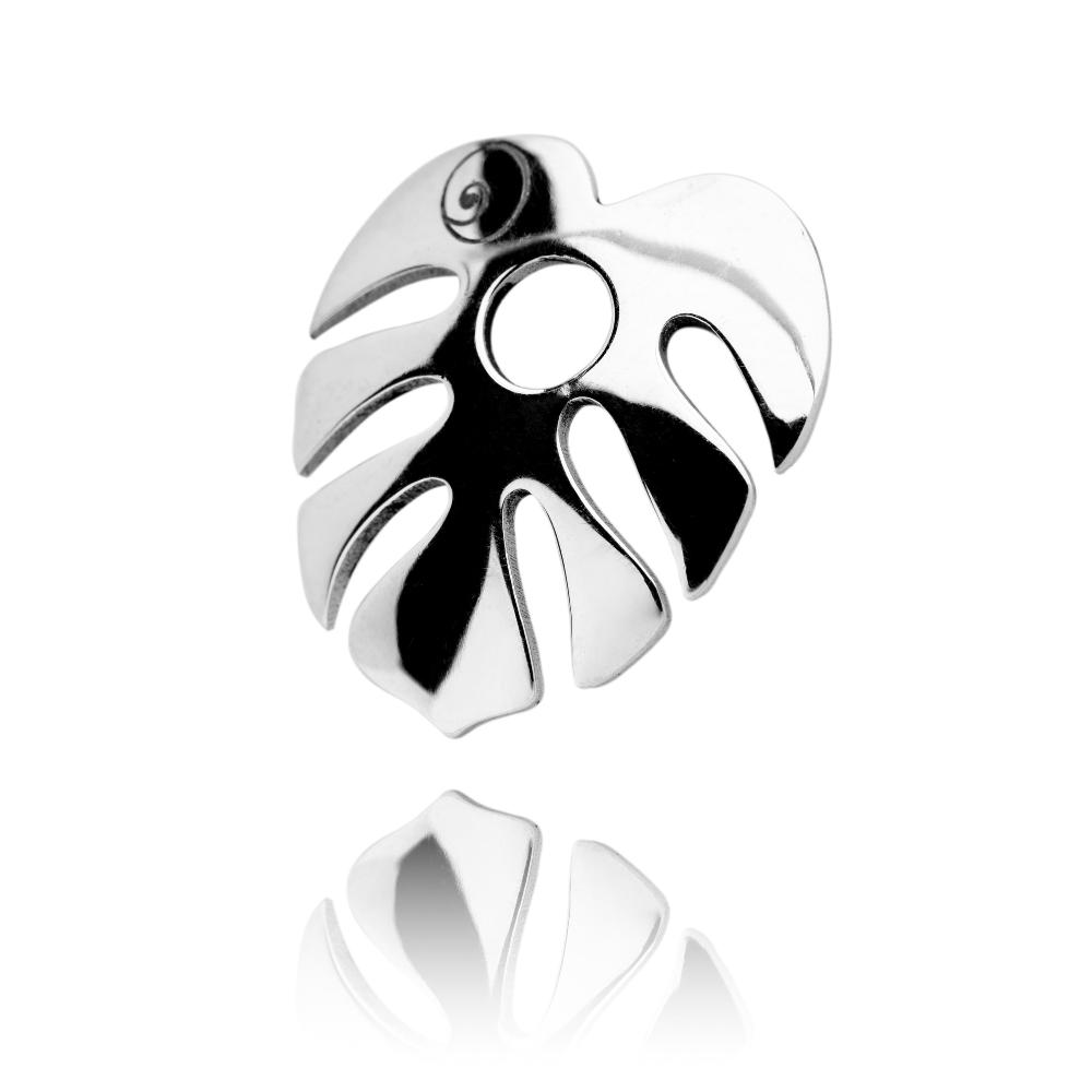 Silver charm fastener in the shape of a tropical monstera leaf.