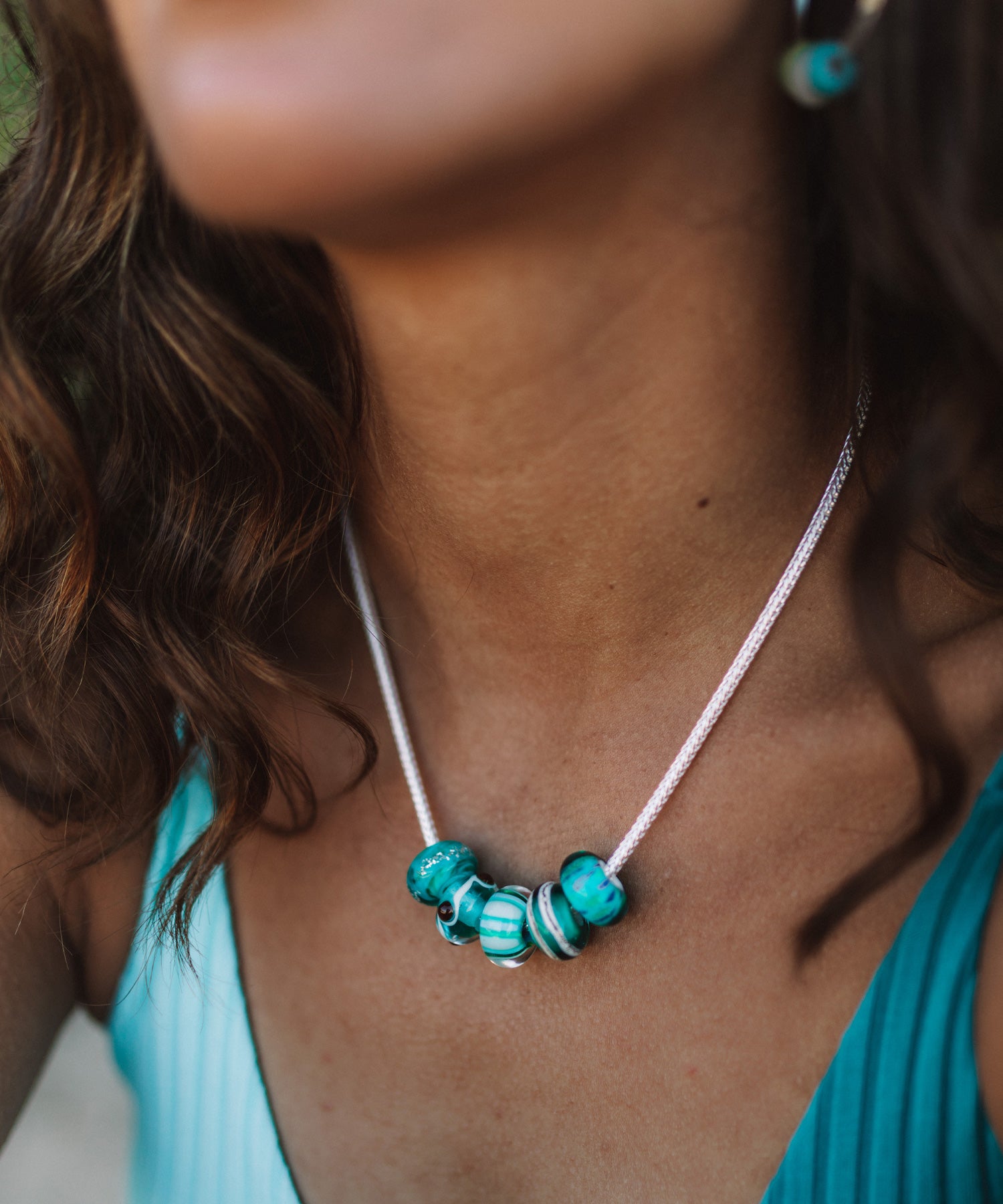 Turquoise green murano glass beads on sterling silver chunky necklace.