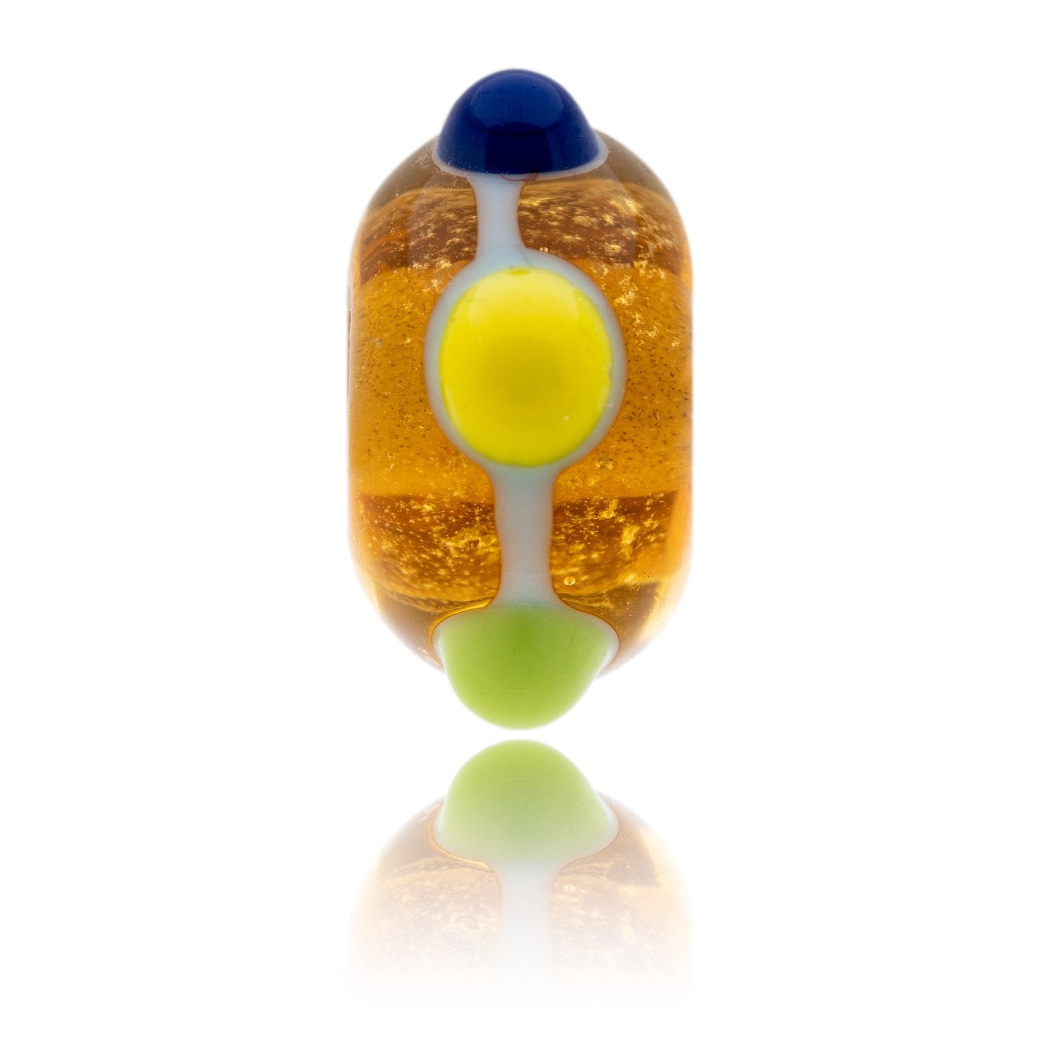 Gold glass bead with raised blue, yellow and green dots on the surface. Representing Skegness beach in Lincolnshire.